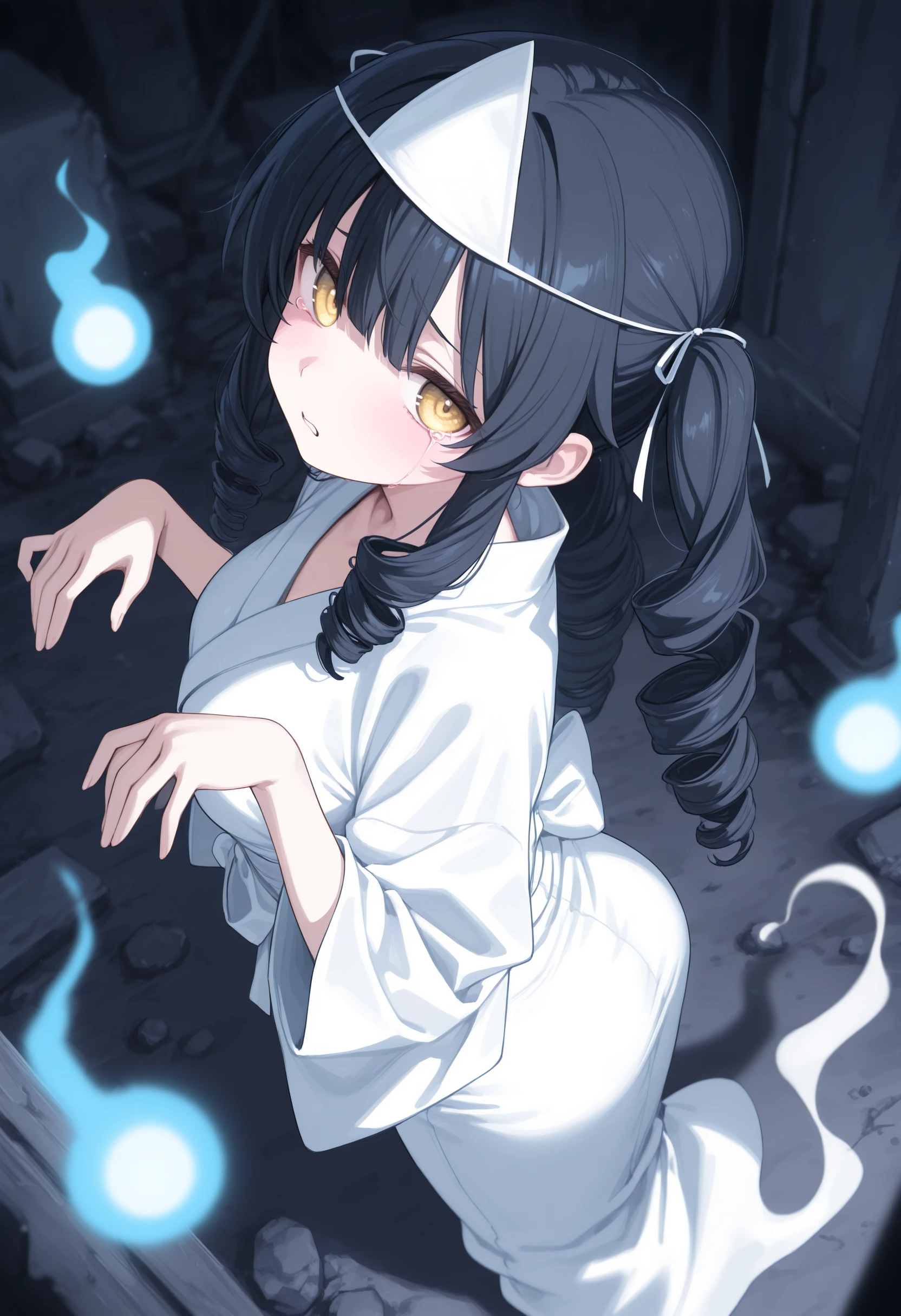 1girl,(sho \(sho lwlw\):0.7),(toosaka asagi:0.5),(sincos:0.3),solo,
masterpiece, best quality, newest, absurdres, CG, anime, source anime, illustration,
medium breasts,
triangular headpiece, shiroshouzoku, japanese clothes, ghost, ghost pose, ghost costume, hitodama, ghost tail, hands up,
blurry background, depth of field, blurry foreground, dark background, night,<lora:triangularheadpiece_Illust_v1:0.8>
from above, wide shot, looking back, black hair, golden eyes,sobbing, ruins, parted lips, drill hair,