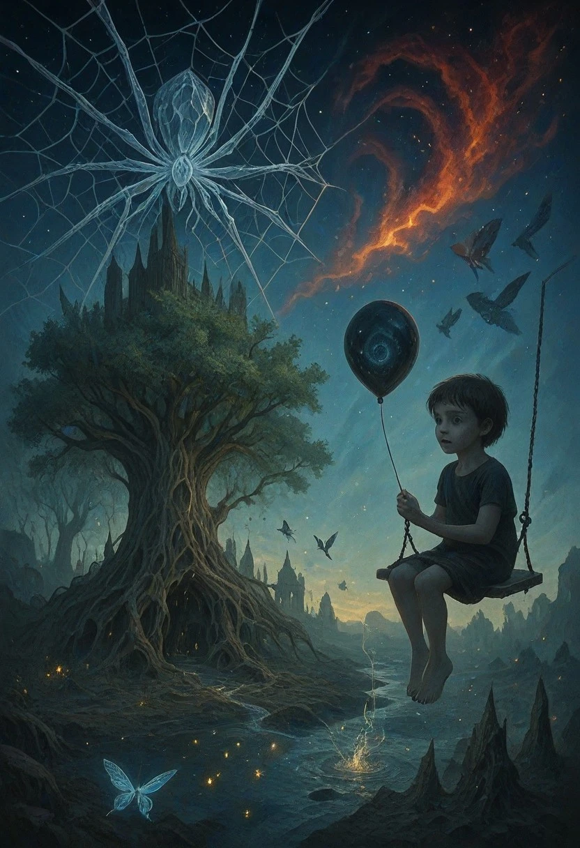 A gigantic crystalline spider, its legs spanning across continents, weaves a web of solidified moonlight across a sky of fractured dreams, ensnaring a forgotten city of spires and shadows. The heavens are a kaleidoscope of impossible hues, with one segment burning with the silent fury of a dying star and the other a tranquil expanse of swirling galaxies and frozen echoes of laughter. Beneath, a sprawling arboretum, grown within the hollowed-out trunk of a colossal, petrified tree, slowly dissolves into a river of liquid memories, where spectral birds sing songs of forgotten joy and inverted waterfalls flow upwards. Enormous, crystalline butterflies flutter through the air, their wings humming with ancient melodies, while ethereal dancers on platforms of solidified light navigate the unseen currents. A dream weaver, whose hands are spun from threads of pure imagination, battles a monstrous entity born from a forgotten nightmare, its form a shifting kaleidoscope of unspoken fears and shattered hopes. Islands of solidified sorrow dissipate, releasing swarms of iridescent fireflies that become fleeting constellations as they ascend. A child with eyes like polished obsidian sits on a swing made of woven shadows, holding a balloon shaped like a weeping eye, as the boundaries of reality fray like old parchment around them.