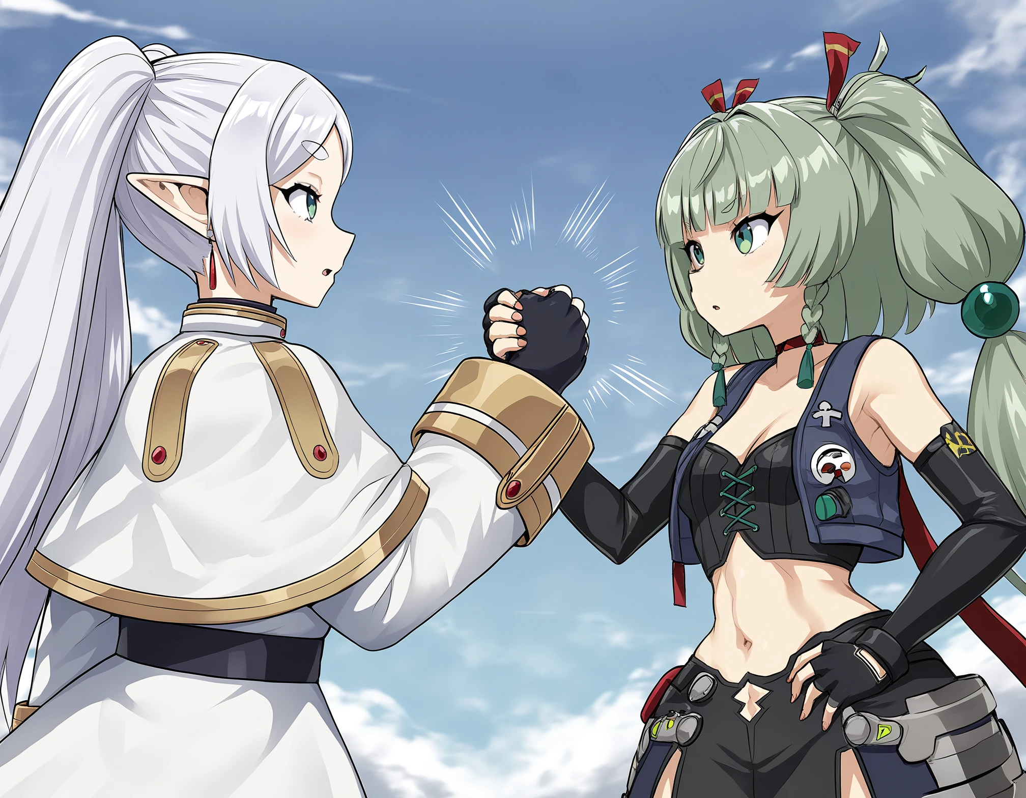 masterpiece, best quality, highres, absurdres, very awa, upper body, epic handshake \(meme\), <lora:Epic handshake meme Noobai V-pred_1:1>, (looking at another:1.2), from side, emphasis lines, outdoors, day, blue sky, cloud, cowboy shot, 2girls, wind, three quarter view, breasts, neck, <lora:Jadf v5 - NoobAI 1.0 V-Pred:1.0> jadf, 4 fingers, fingernails,
frieren, green eyes, long hair, white hair, grey hair, twintails, parted bangs, long sleeves, earrings, elf, skirt, cleavage, white dress, capelet,
qingyi \(zenless zone zero\), green eyes, (green hair:1.1), very long hair, long hair, high twintails, side braids, navel, fingerless gloves, black gloves, android, robot girl, midriff, elbow gloves, armor, vestâââ