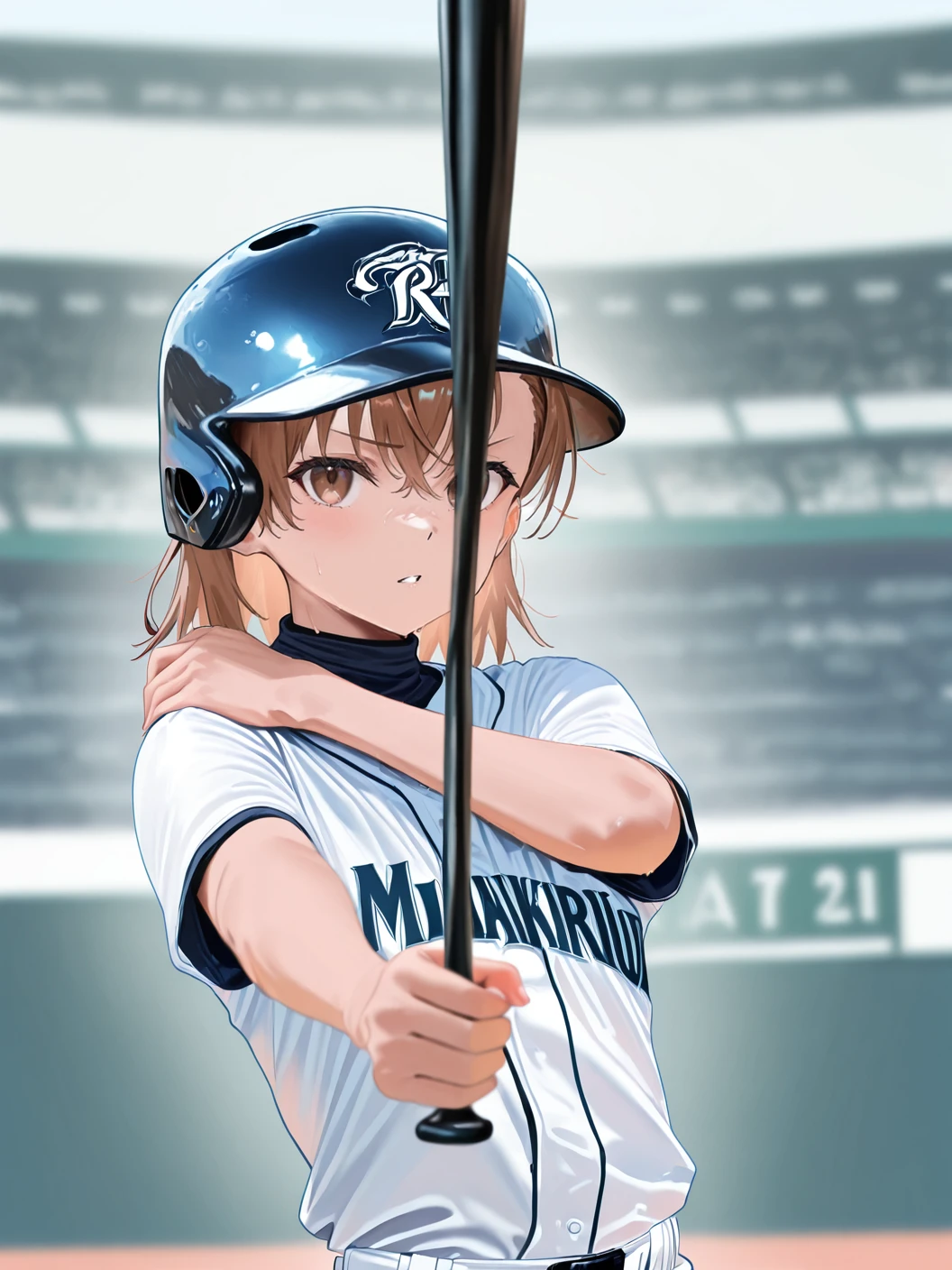 (1girl:1.2), (sensitive:1.3), (masterpiece:1.2), newest, <lora:IchiroBattingStance_ill_v03:1> ichiro, outstretched arm, hand on own shoulder, holding, holding baseball bat, baseball bat, misaka mikoto, baseball uniform, helmet, stadium,