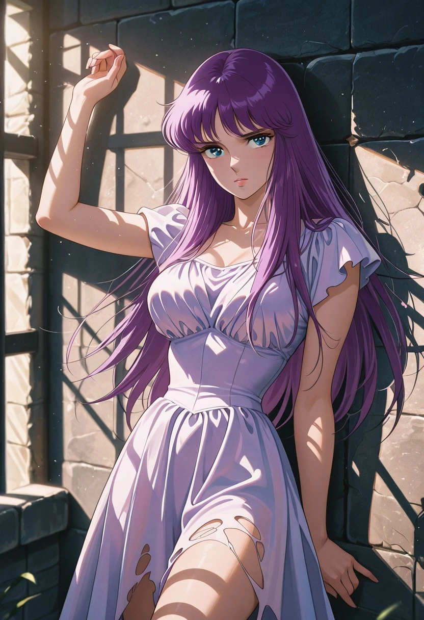 solo, saorikido,1girl, long hair, (80s style),  blue eyes, purple hair , posing, realistic, perfect breasts, , best quality, good quality, absurdres , looking at viewer, , ,, depth of field , , cowboy shot,, outdoors, torn dress, upset, in a medieval prison cell, leaning back against the wall, dress up to thighs,