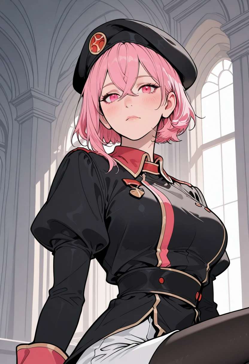HDR, masterpiece, best quality, very aesthetic, (realistic:1.1), (flat color:1.5),
lenny, 1girl, solo, pink hair, short hair, pink eyes, hair between eyes, crossed bangs,
jacket, long sleeves, puffy sleeves, hat, black jacket, uniform, black headwear, military uniform, uniform, military, military uniform, beret, black skirt , white pants, black pantyhose, large breasts,
detailed background, looking at viewer, portrait, close up, blush