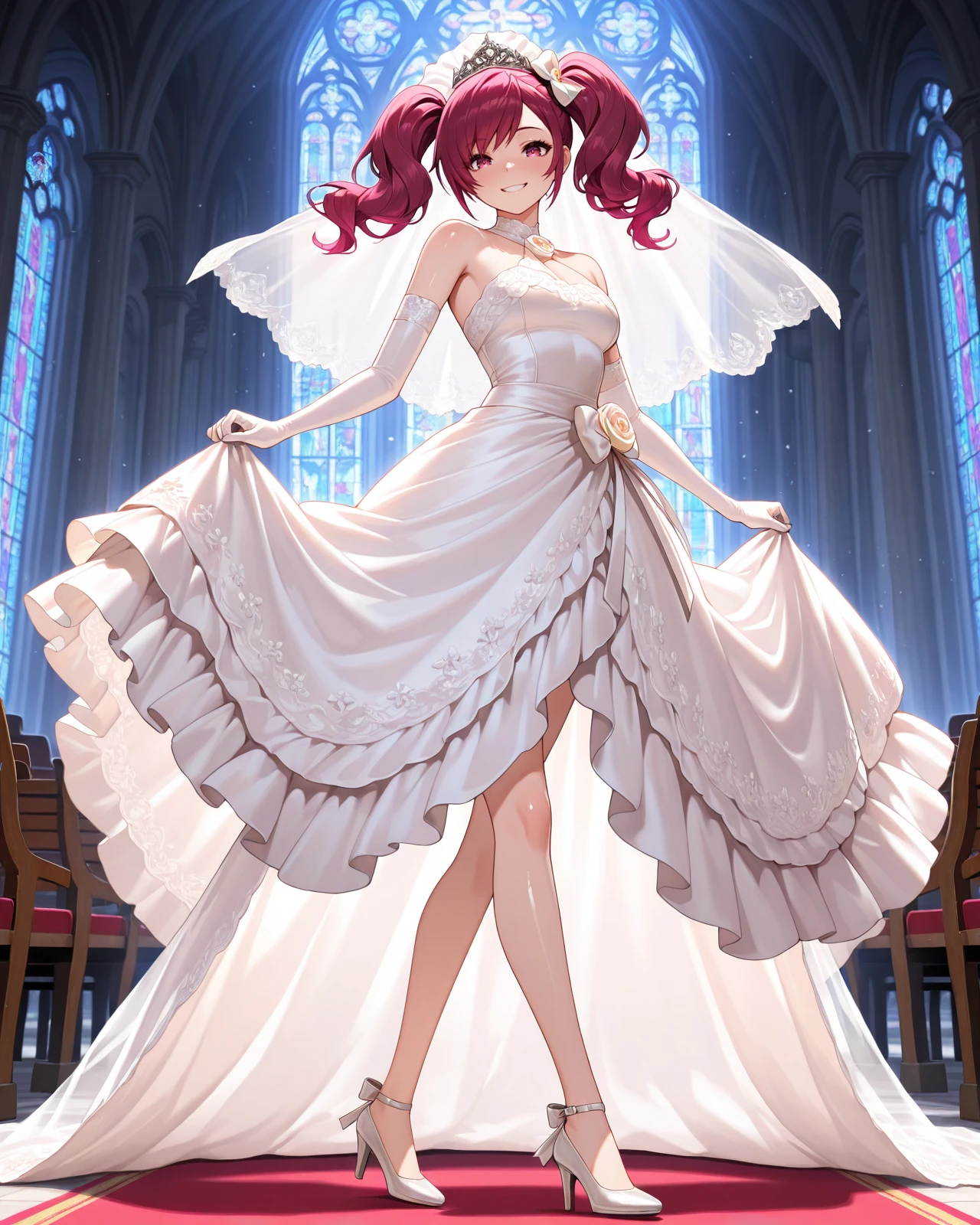 masterpiece, newest, absurdres, best quality, amazing quality, very aesthetic, ultra-detailed, highly detailed, newest, scenery, beautiful face, perfect eyes, detailed eyes, shiny skin, dynamic lighting, ((solo)), church, <lora:Gracia:1> Gracia, 1girl, solo, dress, wedding dress, gloves, veil, twintails, elbow gloves, bride, red hair, bridal veil, high heels, pink hair, shoulders, looking at viewers, smile, holding dress,