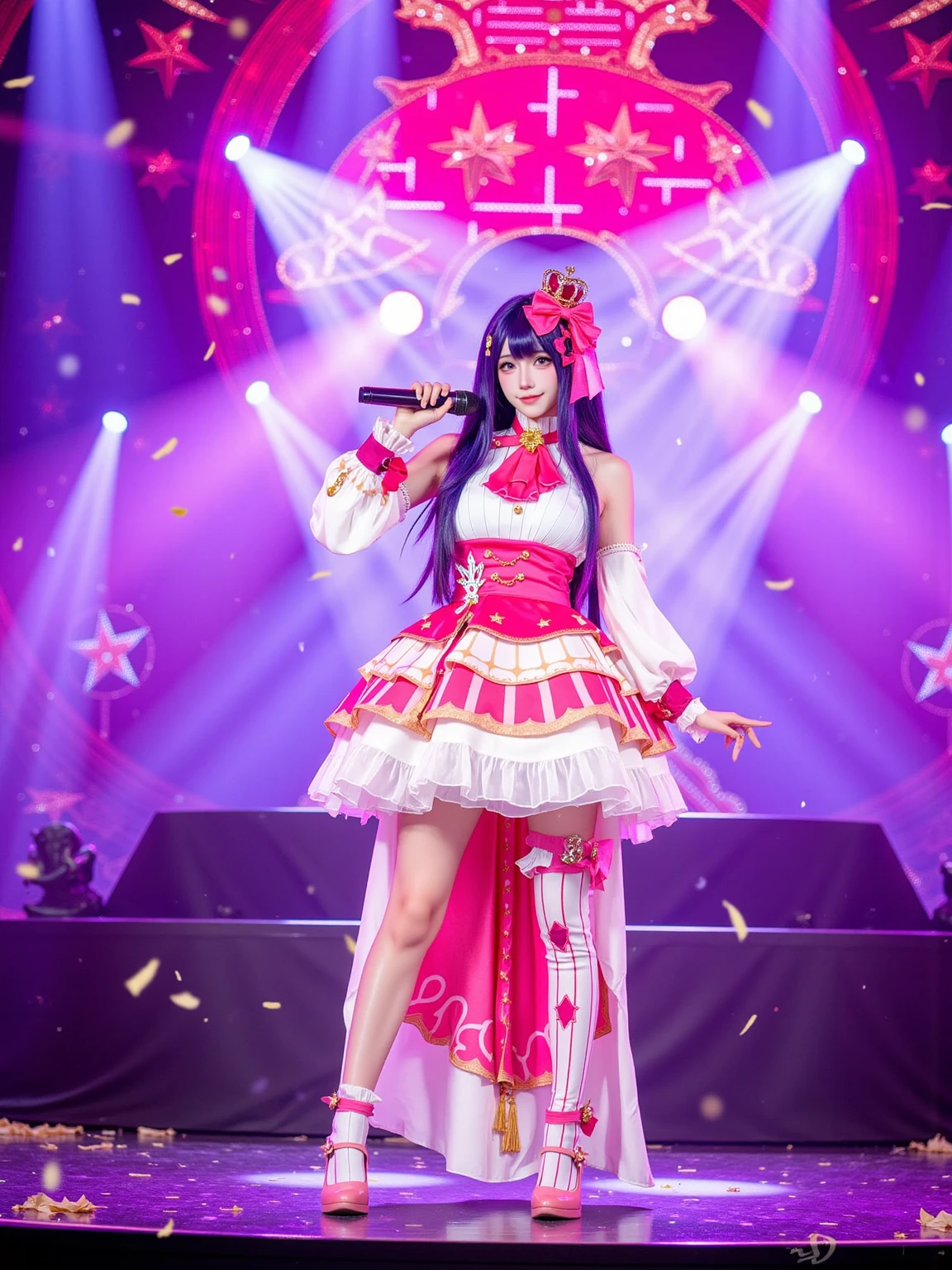 A realistic photo of a tall and slender beautiful young woman in cyb-hoshinoai cosplay costume. She is also wearing mismatched legwear and pink high heels. She has purple hair with mini crown and hair bow. She is holding a microphone.
The sence is a grand concert stage illuminated by vibrant spotlights in pink, purple, and blue, with a massive LED screen displaying shimmering star patterns. Glittering confetti falls through the air, creating a dazzling and electrifying atmosphere.
The photo is a full body shot with her entire body visible and with intricate details scene.