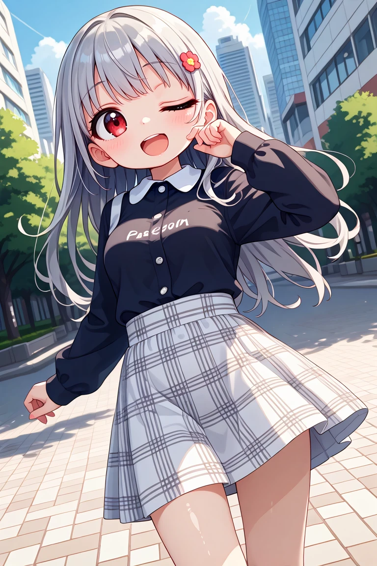 masterpiece, best quality, amazing quality, very aesthetic, absurdres,
cute round face, slender, detailed eyes, detailed hair, kawaii,
1girl, solo,
dynamic angle,
best shadow, an extremely delicate and beautiful, gleaming skin, cowboy shot,
in a park, city, standing, smile,
wearing casual fashion, wearing harajuku fashion, wearing skirt,
breasts, extremely detailed eyes, open mouth, (grey hair, red eyes:1.2),
(one eye closed, wink:1.1)
<lora:wink2_left_xl_v20:1>