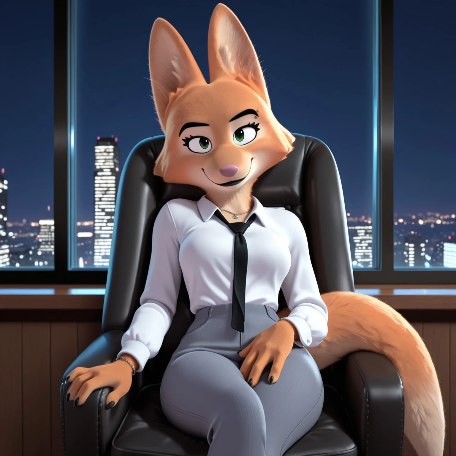 8k, masterpiece, best quality, highly detailed, 1girl, solo, DianeTBGV2, female furry, anthro, fox, cheek tuft, black eyebrows, green eyes, pink nose, black lips, orange body, orange fur, tan body, tan fur, two tone body, two tone fur, fox tail, eyebrow piercing, white dress shirt, black tie, shirt tucked in, grey pants, grey bottomwear, necklace, bracelet, 4 fingers, closed mouth, looking at viewer, indoors, lobby, black leather chair, detailed background, front view, sitting, black claws, midnight, dark, bedroom eyes, hand on lap, smile, glass window, cityscape, night sky