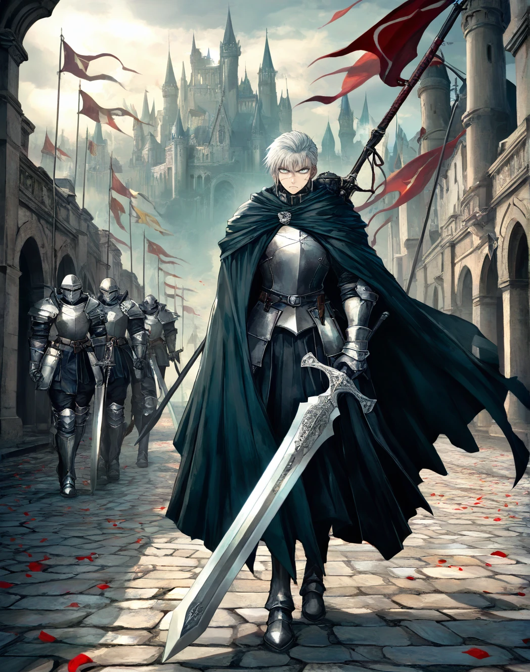 lazypos,masterpiece,best quality,<lora:KSWB:0.8>,kswb,digital oil painting,visible brushstrokes,veteran male soldier,short silver hair,sharp eyes with calm expression,battle-worn armor with scratches and engraved details,dark teal cloak fluttering in wind,strong build,holding a heavy ornate sword resting on shoulder,other hand clenched,standing firmly on mossy cobblestone path,serious and composed,scar on cheek,subtle wrinkles showing experience,distant fantasy castle towers and banners in wind,scattered petals and dust in air,dramatic sunlight rays,cinematic composition,highly detailed,masterpiece,