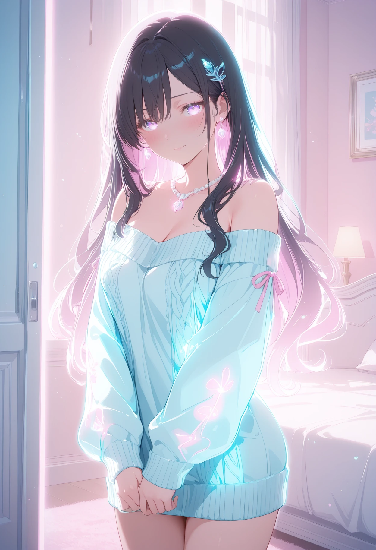 (masterpiece:1.2), best quality, ultra-detailed, highres,
1girl, solo, standing, (indoor lighting), natural light, shy pose, hands together, slightly blushing,  
long black hair, straight hair, silky hair, hair ornament, pink ribbon, hair clip, side bangs,  
purple eyes, gentle expression, flushed cheeks, soft smile,  
off-shoulder sweater, oversized sweater, knitted fabric, cable knit, pastel pink, ribbons on sleeves, cozy outfit, casual cute style,  
pearl necklace, choker, pendant, earrings, feminine jewelry, delicate accessories,  
, cleavage,  shoulders, thighs, smooth skin,  
soft background, warm atmosphere, bedroom interior, subtle sunlight, dreamy mood
 <lora:Crystal_Radiance:1>,CrystalRadiance,
(glowing hair, pastel colors, luminous, ethereal, holographic effect, light particles, soft lighting, neon glow, blue and pink color scheme, fantasy aura, futuristic style, elegant, dreamy atmosphere)