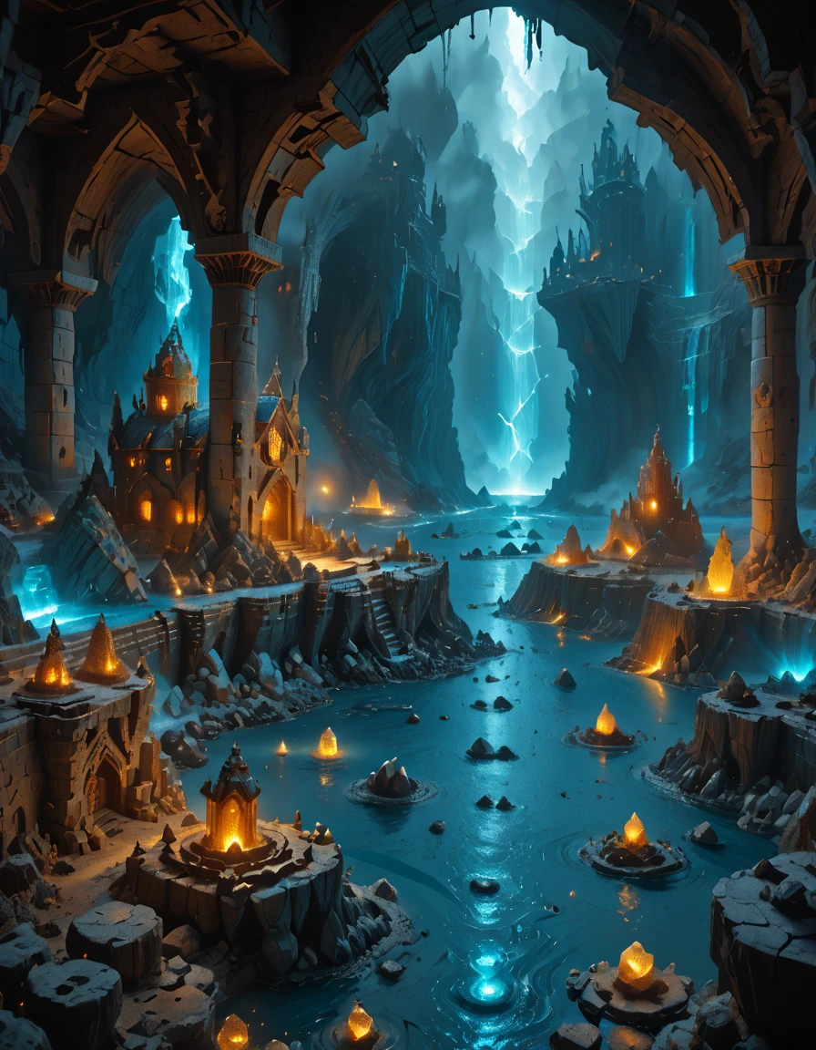 <lora:MW_Dwarven_beta_pony:1> wide underground river with glowing waters, dwarven ships with rune sails, docks carved from stone, lanterns illuminating the scene, dwarves loading cargo, mist above the water, towering rock formations, epic scale, cinematic fantasy composition, cool blue glow, underground marvel