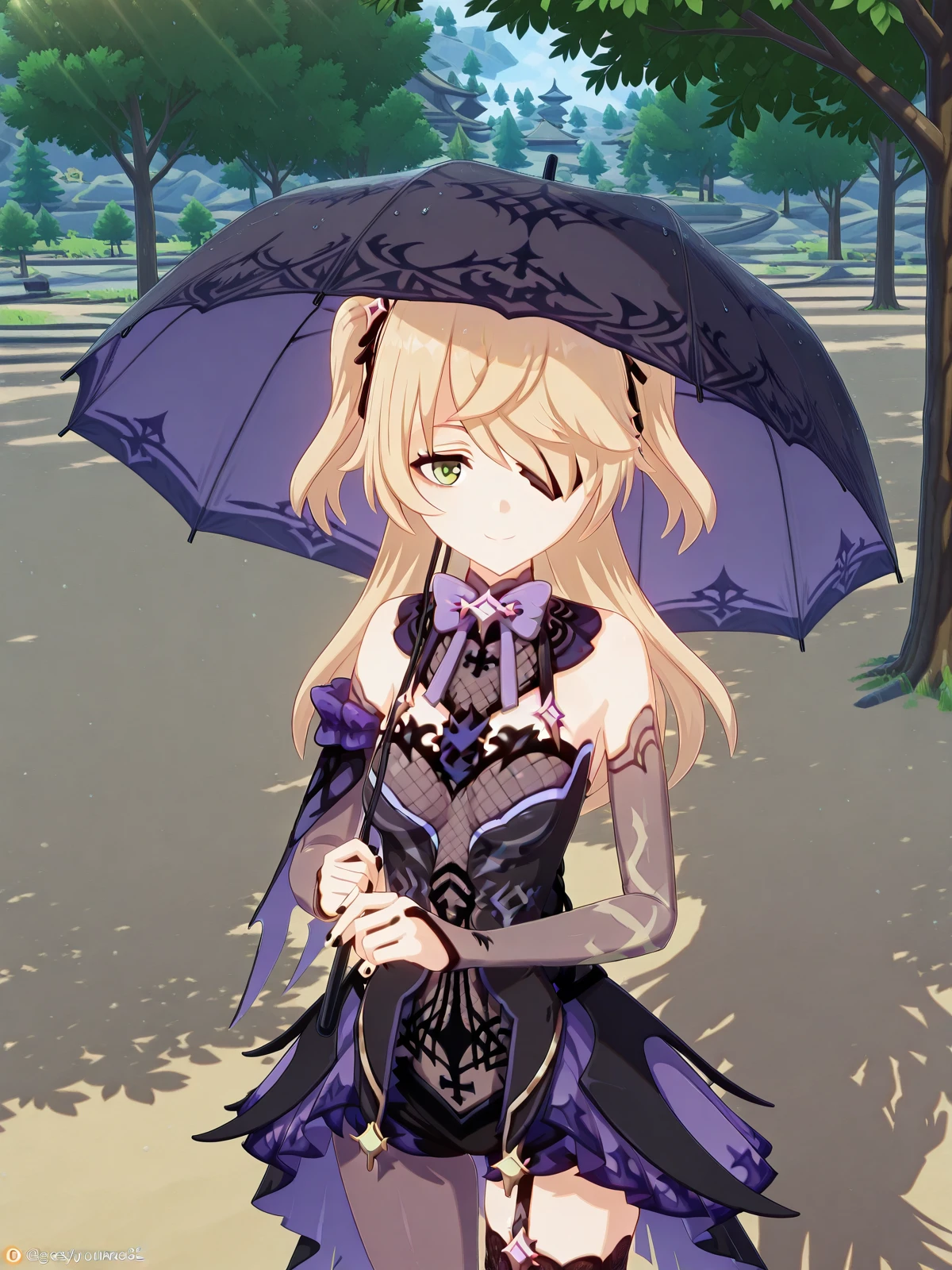 masterpiece, best quality, amazing quality,, <lora:genshin-fischl-ingame-illustriousxl-lora-nochekaiser:1>, fischl, fischl (genshin impact), long hair, bangs, blonde hair, ribbon, green eyes, hair ribbon, hair over one eye, two side up, eyepatch, mature female, small breasts, 3d, <lora:getsuyoubi-no-tawawa-385-illustriousxl-lora-nochekaiser:1>, getsuyoubinotawawa 385, looking at viewer, smile, holding, standing, outdoors, solo, umbrella, holding umbrella, sunlight, shadow, tree, tree shadow, , ,