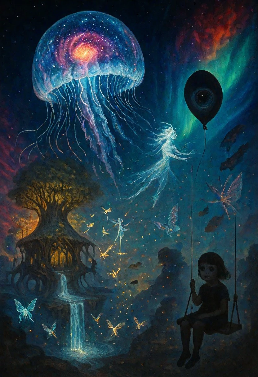A gigantic bioluminescent jellyfish, its bell a swirling vortex of cosmic dust and forgotten dreams, floats through an atmosphere of solidified moonlight, trailing a forgotten circus tent made of woven starlight. The sky is a fractured prism, with one facet ablaze with the silent explosion of a dying sun and the other a serene expanse of shimmering aurora and frozen echoes of laughter. Below, a sprawling arboretum grown within the hollowed-out trunk of a colossal petrified tree slowly dissolves into a river of liquid memories where spectral birds sing songs of forgotten joy and inverted waterfalls flow upwards. Enormous crystalline butterflies flutter through the air, their wings humming with ancient melodies, while ethereal dancers on platforms of solidified light navigate the unseen currents. A dream weaver whose hands are spun from threads of pure imagination battles a monstrous entity born from a forgotten nightmare, its form a shifting kaleidoscope of unspoken fears and shattered hopes. Islands of solidified sorrow dissipate, releasing swarms of iridescent fireflies that become fleeting constellations as they ascend. A child with eyes like polished obsidian sits on a swing made of woven shadows, holding a balloon shaped like a weeping eye, as the boundaries of reality fray like old parchment around them.