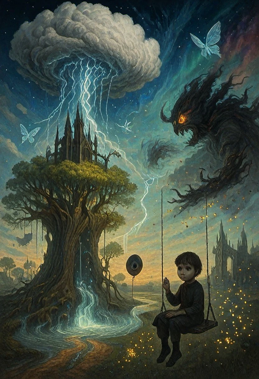 A colossal petrified storm cloud, its core a swirling vortex of ancient lightning, drifts through a sky of shattered echoes, dragging a forgotten cathedral made of solidified thunder. The heavens are a fractured prism, with one facet ablaze with the silent explosion of a dying sun and the other a serene expanse of shimmering aurora and frozen echoes of laughter. Below, a sprawling arboretum, grown within the hollowed-out trunk of a colossal, petrified tree, slowly dissolves into a river of liquid memories, where spectral birds sing songs of forgotten joy and inverted waterfalls flow upwards. Enormous, crystalline butterflies flutter through the air, their wings humming with ancient melodies, while ethereal dancers on platforms of solidified light navigate the unseen currents. A dream weaver, whose hands are spun from threads of pure imagination, battles a monstrous entity born from a forgotten nightmare, its form a shifting kaleidoscope of unspoken fears and shattered hopes. Islands of solidified sorrow dissipate, releasing swarms of iridescent fireflies that become fleeting constellations as they ascend. A child with eyes like polished obsidian sits on a swing made of woven shadows, holding a balloon shaped like a weeping eye, as the boundaries of reality fray like old parchment around them.