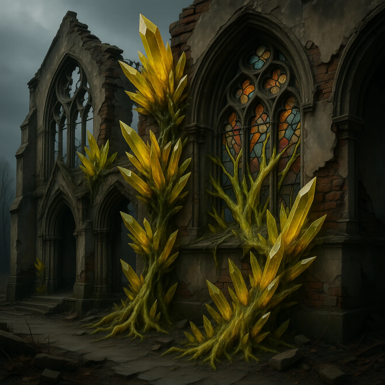 ruined cathedral overtaken by jagged COLOR CrystalPl4gu3 growths, stained glass windows dissolving into crystalline veins