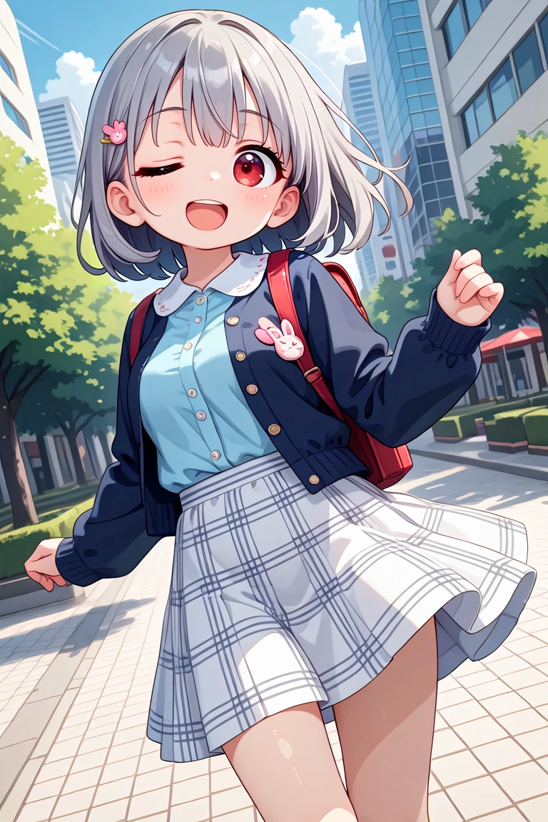 masterpiece, best quality, amazing quality, very aesthetic, absurdres,
cute round face, slender, detailed eyes, detailed hair, kawaii,
1girl, solo,
dynamic angle,
best shadow, an extremely delicate and beautiful, gleaming skin, cowboy shot,
in a park, city, standing, smile,
wearing casual fashion, wearing harajuku fashion, wearing skirt,
breasts, extremely detailed eyes, open mouth, (grey hair, red eyes:1.2),
(one eye closed, wink:1.1)
<lora:wink2_right_xl_v20:1.5:stop=35>