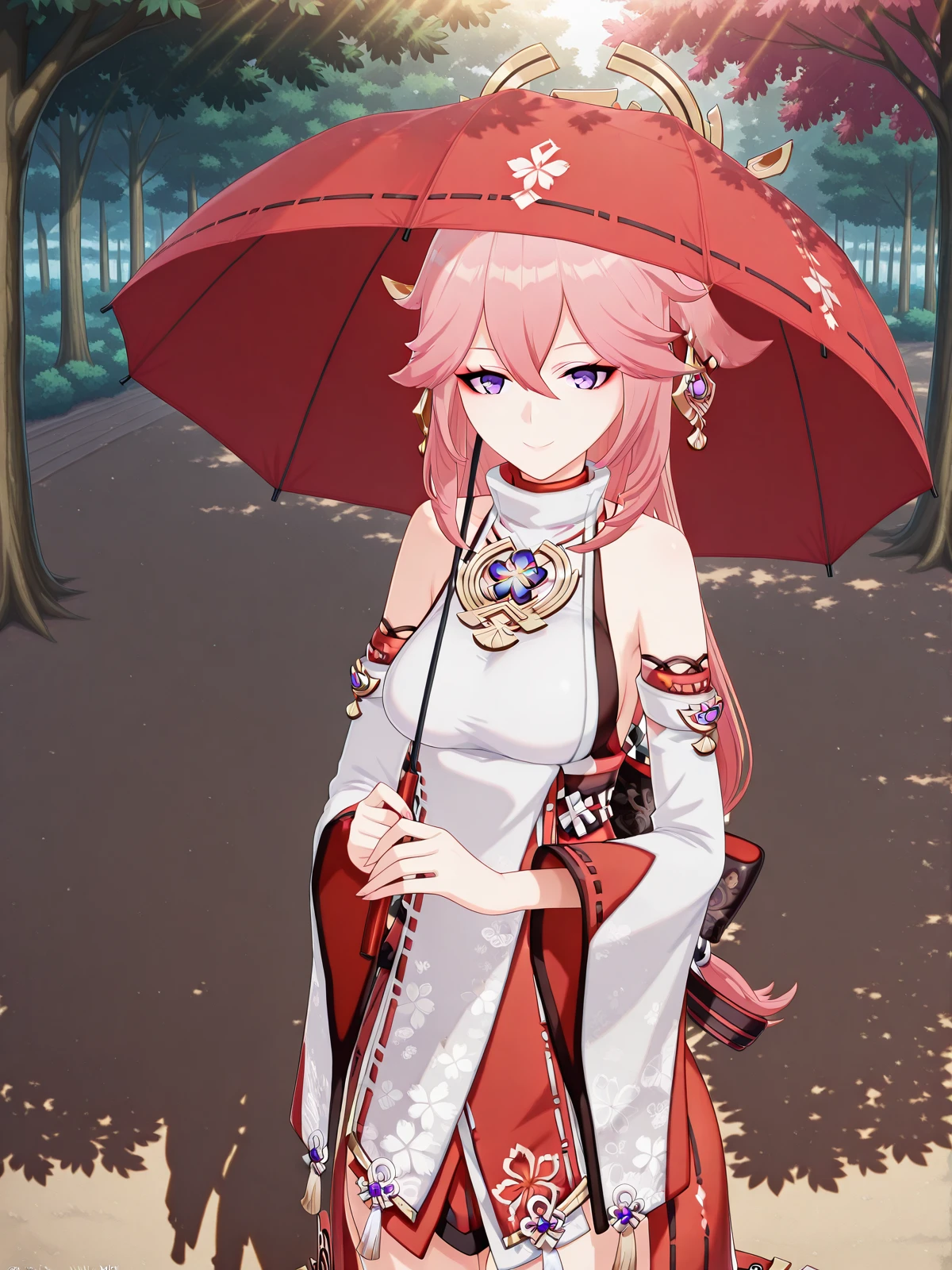 masterpiece, best quality, amazing quality,, <lora:genshin-yae-miko-ingame-illustriousxl-lora-nochekaiser:1>, yae miko, animal ears, floppy ears, fox ears, hair between eyes, long hair, pink hair, purple eyes, pink hair, mature female, breasts, 3d,, <lora:getsuyoubi-no-tawawa-385-illustriousxl-lora-nochekaiser:1>, getsuyoubinotawawa 385, looking at viewer, smile, holding, standing, outdoors, solo, umbrella, holding umbrella, sunlight, shadow, tree, tree shadow, , ,
