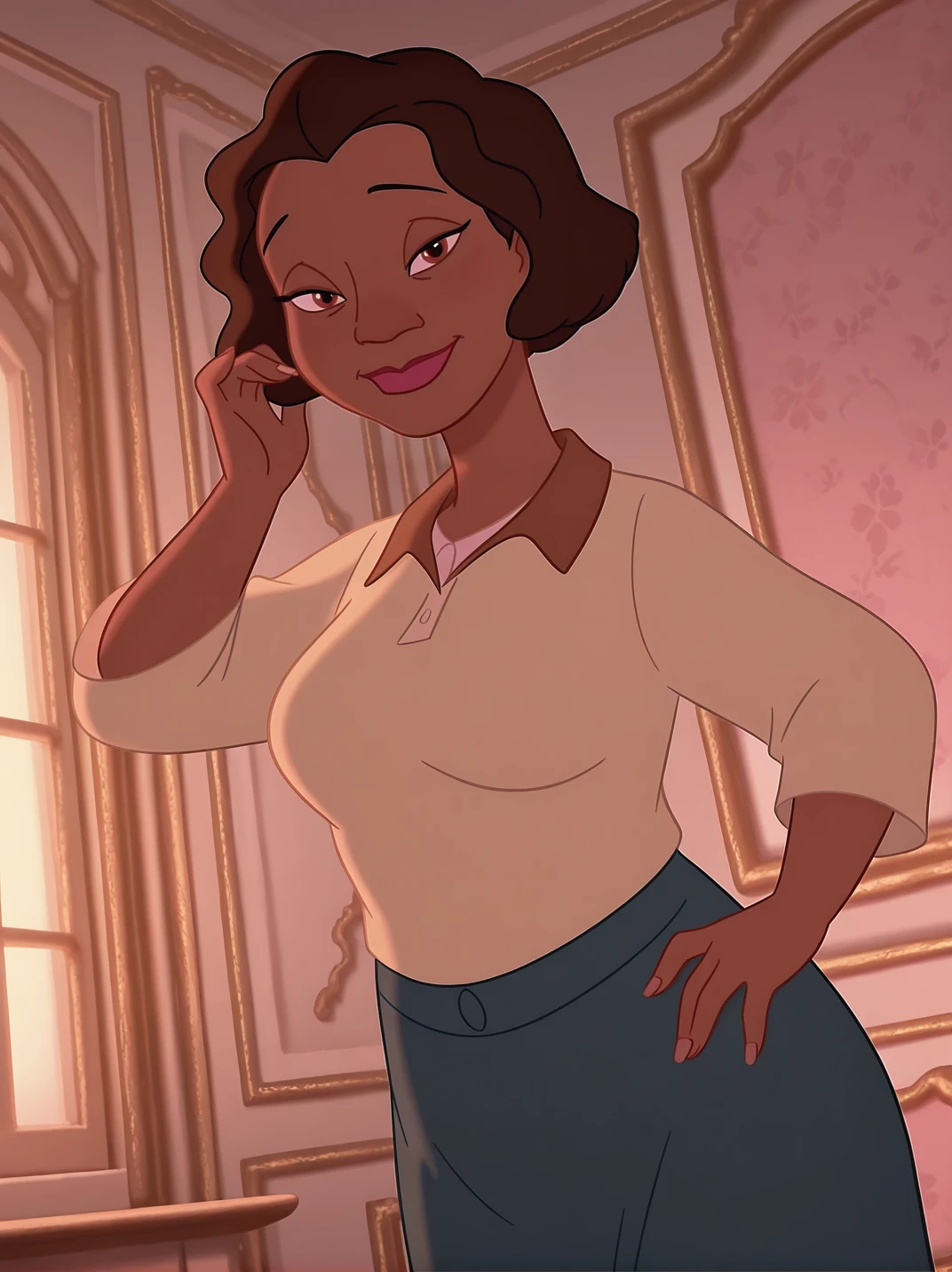 (official style, screencap:1.2), highres,
1girl, (EudoraXL:1.1), dark-skinned female, short hair, brown eyes, brown hair, shirt, long skirt, large breasts, hips, mature female,
light smile, dutch angle, naughty pose, (looking at viewer:1.2), solo, dynamic pose, cowboy shot, head tilt, sexually suggestive, indoors, window, one hand on hips, one hand on hair, head tilt, 
<lora:AEudora_character:1>, white light