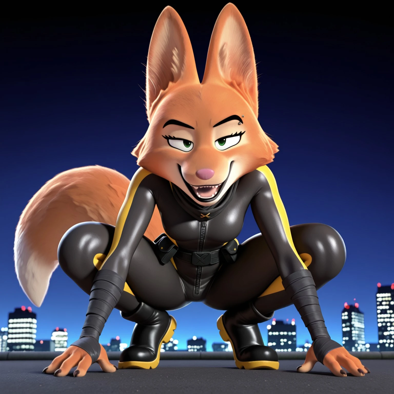 8k, masterpiece, best quality, highly detailed, 1girl, solo, DianeTBGV2, female furry, anthro, fox, cheek tuft, black eyebrows, green eyes, pink nose, black lips, orange body, orange fur, tan body, tan fur, two tone body, two tone fur, fox tail, eyebrow piercing, black bodysuit, jumpsuit, black utility belt, yellow stripes, full body suit, 4 fingers, open mouth, teeth, looking at viewer, outdoors, night sky, skyscrapers, top of building, detailed background, front view, dynamic pose, crouching, hand on floor, dark-brown claws, midnight, dark, smile, narrowed eyes, black shoes, yellow soles, black bandages