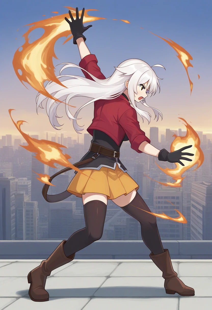 orochinagi, outstretched arms, dynamic pose, fire, pyrokinesis, 1girl, solo, anceriseshirokami, ancermainoutfit, white hair, long hair, ahoge, hair flaps, sidelocks, hair ornament, green eyes, black choker, red jacket, black shirt, medium breasts, belt, skirt, thighhighs, black gloves, brown boots, full body, city, open mouth, serious, from side, back, arm up,