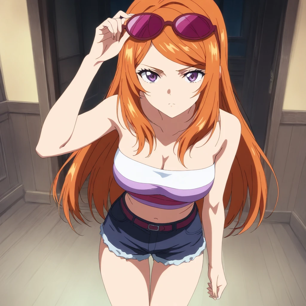 masterpiece,high score,great score,absurdres,anime coloring,looking at viewer,solo,cowboy_shot,<lora:SakiShindou ag4o:1> sakishindou, orange hair, long hair, purple eyes, eyewear on head,tube top,cleavage,shorts,