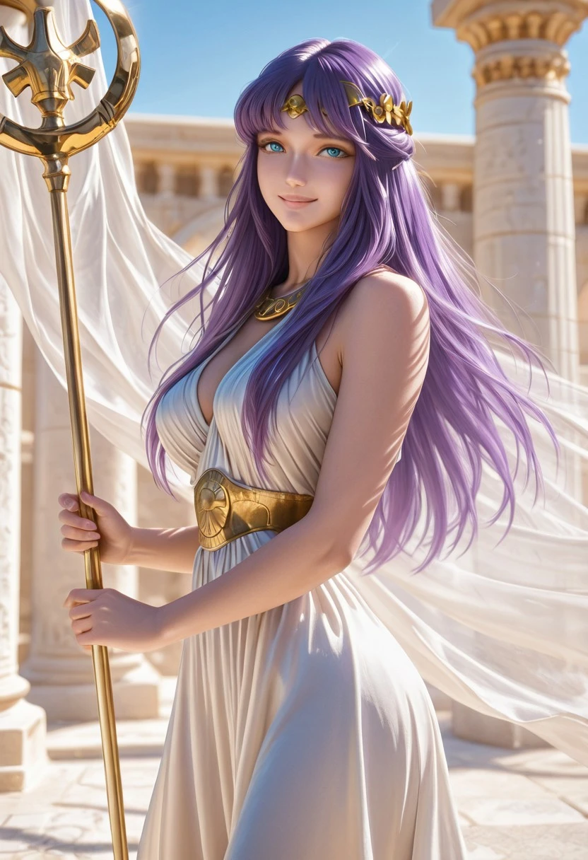 solo, saorikido,1girl, long hair,  blue eyes, purple hair , posing, realistic, perfect breasts, , best quality, good quality, absurdres , looking at viewer, , ,, depth of field , , cowboy shot,, outdoors, in ancient greece, gold circlet, gold staff, white silk dress, smile,