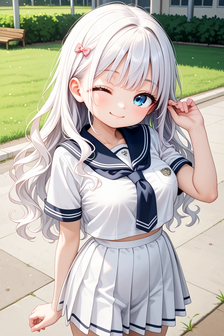 masterpiece, best quality, amazing quality, very aesthetic, absurdres,
cute round face, slender, detailed eyes, detailed hair, kawaii,
1girl, solo,
cowboy shot, shooting from front,
smile, closed mouth, looking at viewer,
long wavy hair, white hair,
white school uniform, medium breasts,
school ground, school, grass,
one eye closed, wink,
<lora:wink1_right_xl_v20:1>