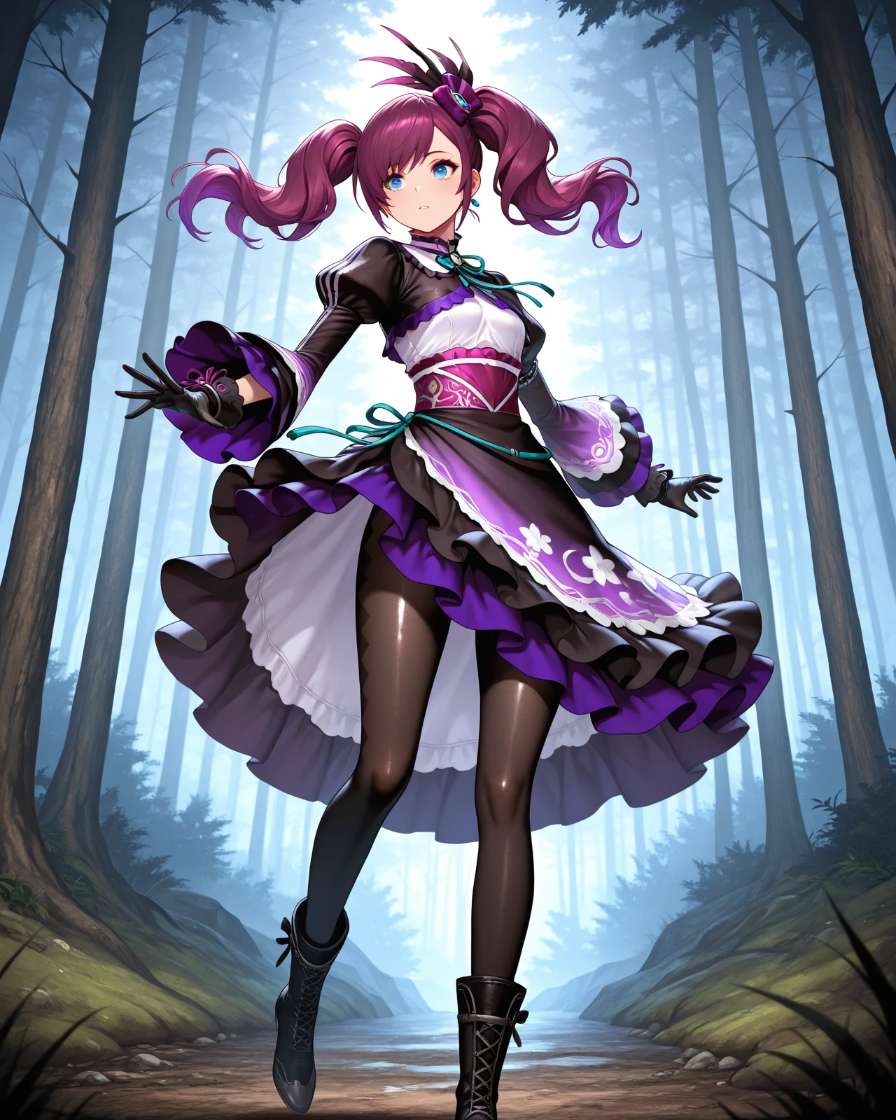 masterpiece, newest, absurdres, best quality, amazing quality, very aesthetic, ultra-detailed, highly detailed, newest, scenery, beautiful face, perfect eyes, detailed eyes, shiny skin, dynamic lighting, ((solo)), forest,  <lora:Gracia:1> Gracia, 1girl, solo, twintails, pantyhose, purple hair, black gloves, dress, blue eyes, boots, hair ornament, long hair, ribbon