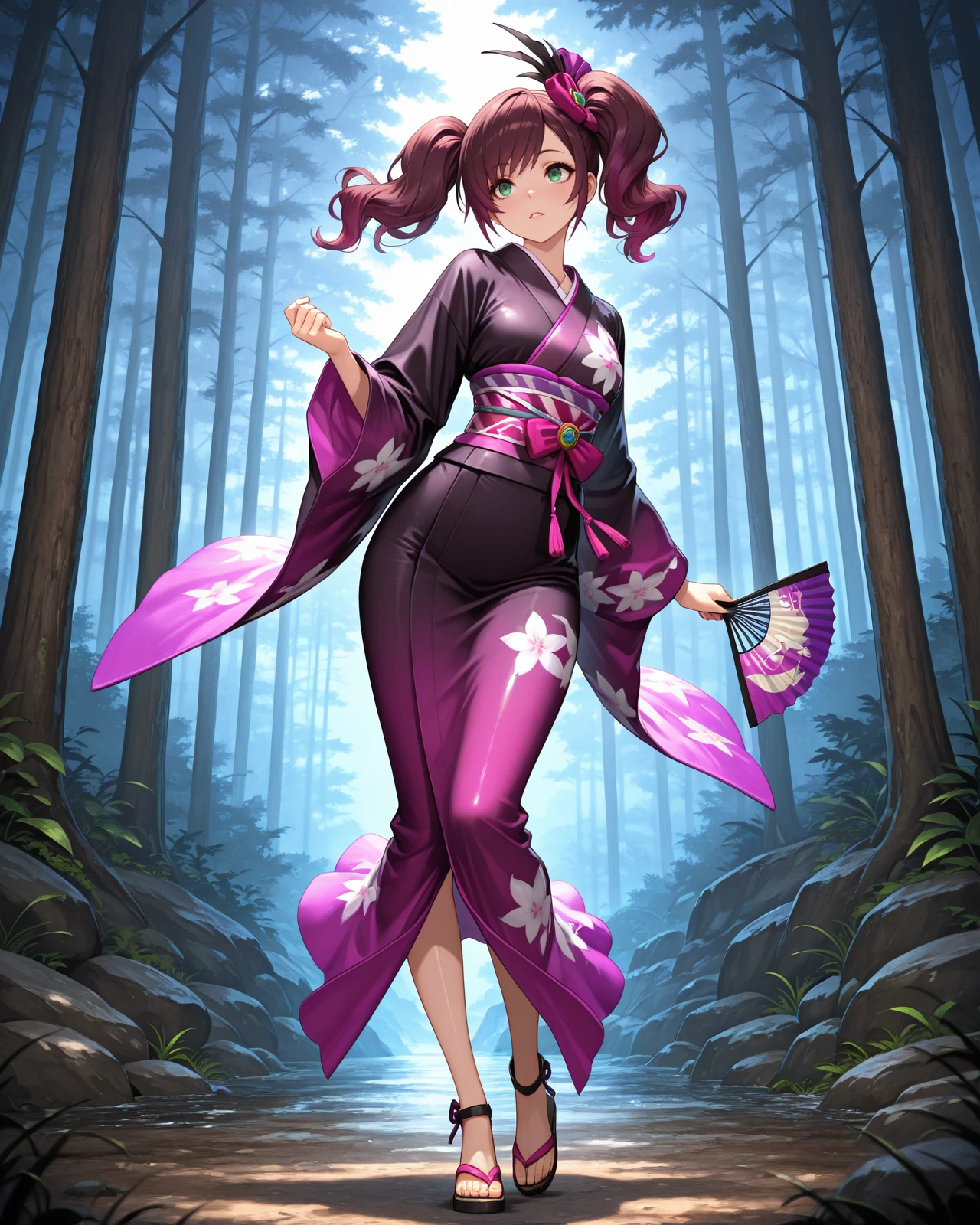 masterpiece, newest, absurdres, best quality, amazing quality, very aesthetic, ultra-detailed, highly detailed, newest, scenery, beautiful face, perfect eyes, detailed eyes, shiny skin, dynamic lighting, ((solo)), forest, <lora:Gracia:1> Gracia, 1girl, solo, twintails, purple hair, brown hair, green eyes, japanese clothes, kimono, sandals, hand fan,