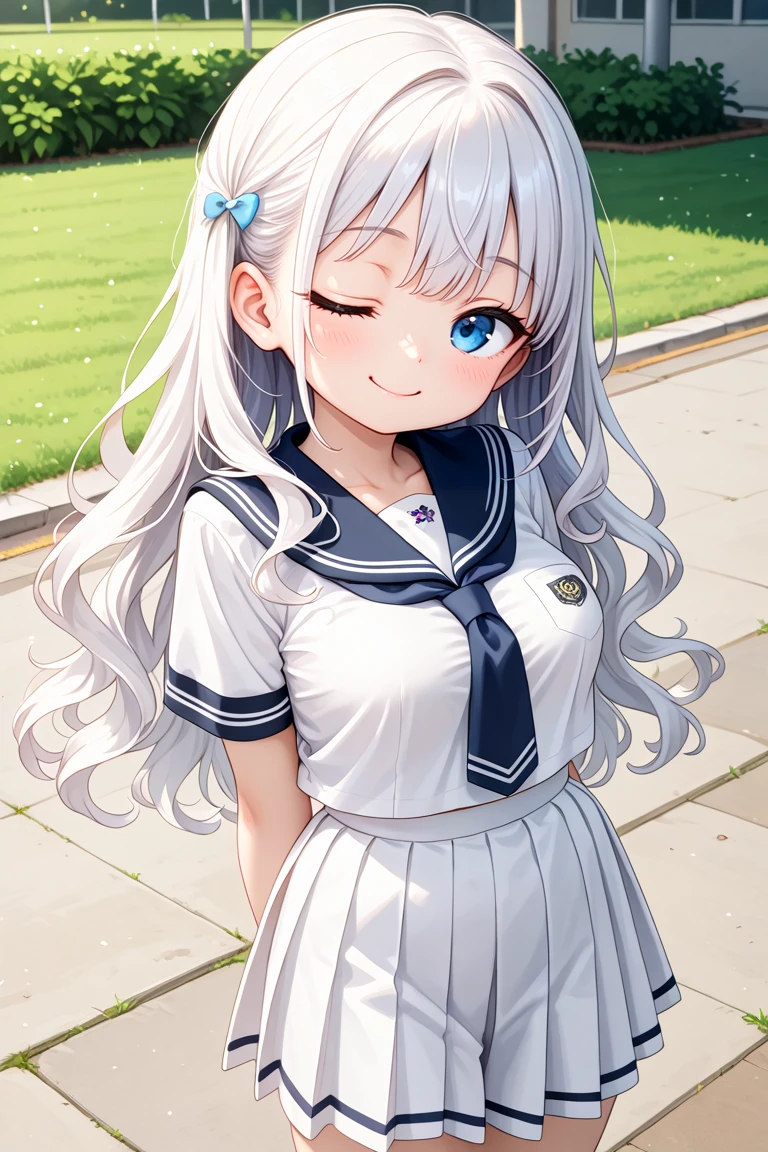 masterpiece, best quality, amazing quality, very aesthetic, absurdres,
cute round face, slender, detailed eyes, detailed hair, kawaii,
1girl, solo,
cowboy shot, shooting from front,
smile, closed mouth, looking at viewer,
long wavy hair, white hair,
white school uniform, medium breasts,
school ground, school, grass,
one eye closed, wink,
<lora:wink2_right_xl_v20:1>