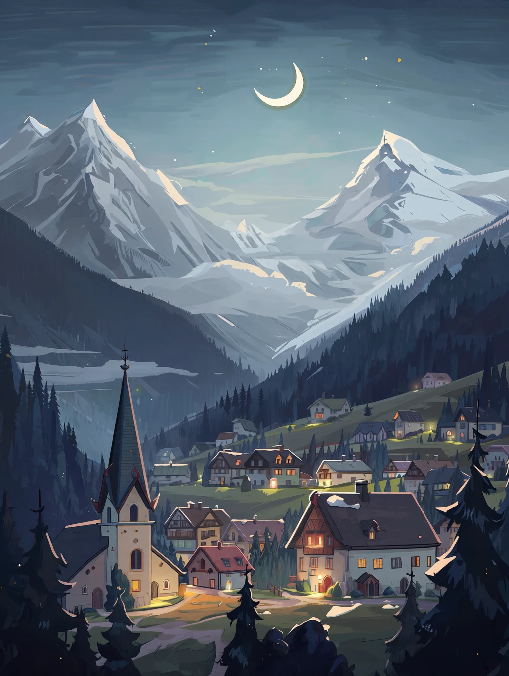 stylized r1vals illustration showing a alpine village nestled in valley, crescent moon illuminating snow-capped mountains. Small, picturesque village with traditional European-style houses, various sizes and architectural details. Houses are muted tones of beige, brown, and gray, with some light shining from windows, creating warm ambient glow. A church tower stands prominently in the foreground, featuring a dark, pointed roof. Dark, dense evergreen forest surrounds the village. Snow-capped mountains in the background rise dramatically, with soft, misty clouds clinging to their slopes. Muted blues and grays dominate the color scheme, with hints of white from the snow and soft, warm yellows from the illuminated windows. The lighting is soft and atmospheric, casting a gentle glow on the village and mountains. The perspective is a wide-angle view, capturing the entire village nestled within the valley. The mood is serene, peaceful, and slightly melancholic. The style is evocative of traditional European folk art, with soft brushstrokes and muted tones. Crescent moon high in the night sky, with visible stars. Detailed depiction of the mountains and trees. The composition focuses on the quiet beauty of the alpine village. Evening sky. Atmospheric. Dreamlike. <lora:r1vals_qwen:1>