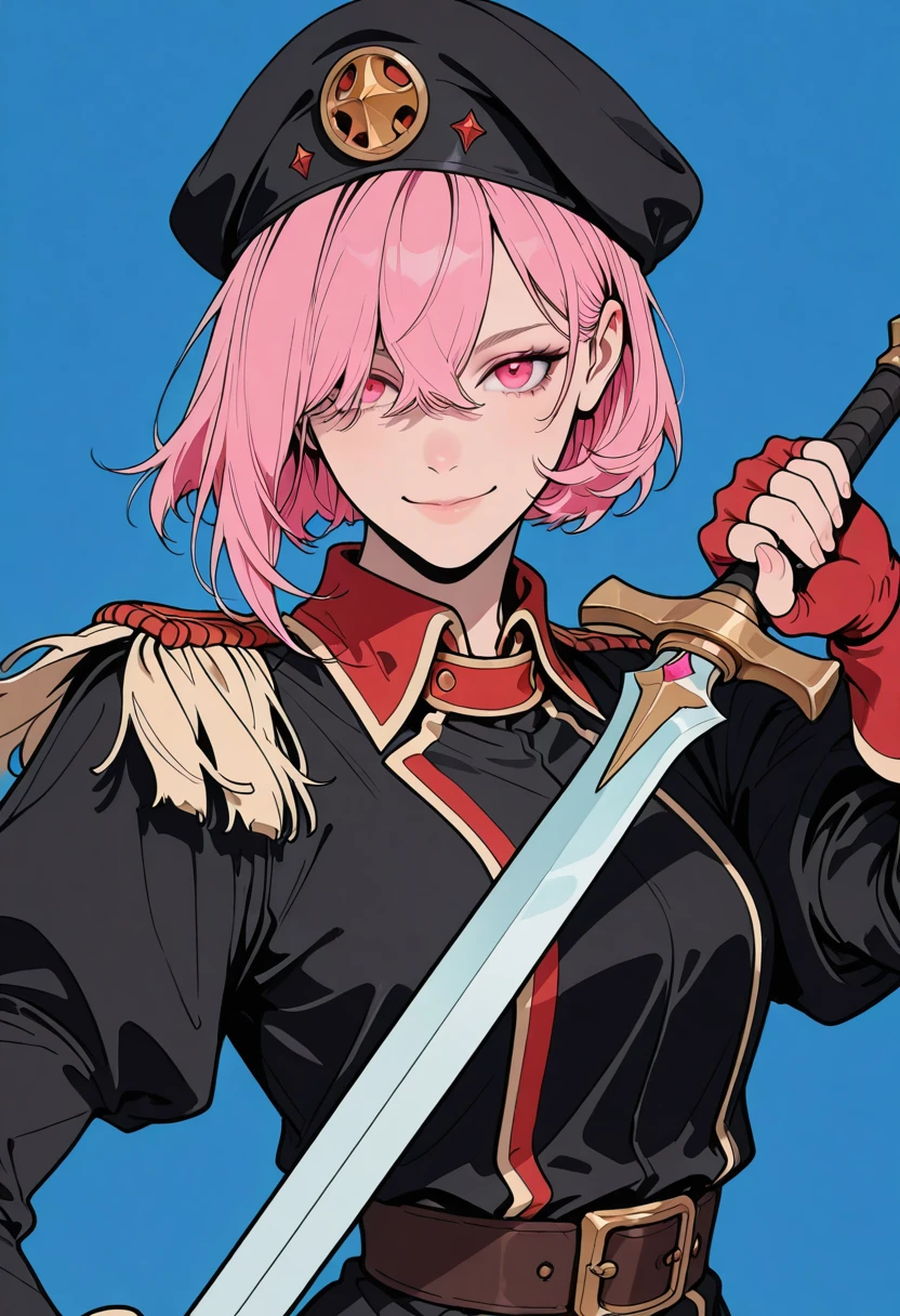 HDR, masterpiece, best quality, very aesthetic, (realistic:1.1), (flat color:1.5),
lenny, 1girl, solo, looking at viewer, smile, short hair, 1boy, gloves, hat, holding, closed mouth, jacket, pink hair, male focus, weapon, sword, pink eyes, fingerless gloves, holding weapon, hair over one eye, black jacket, uniform, black headwear, blue background, holding sword, red gloves, epaulettes