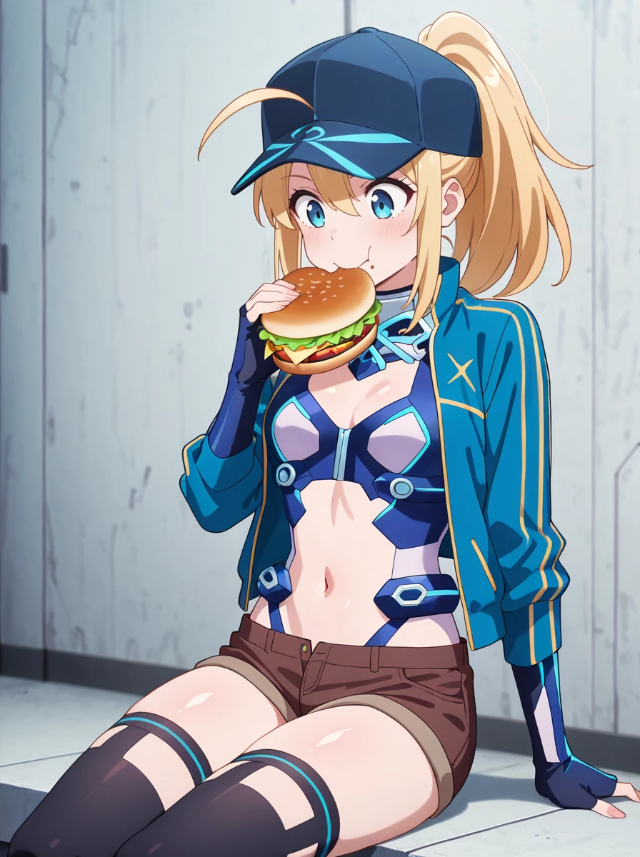 masterpiece, best quality, amazing quality, very aesthetic, absurdres, newest, (anime screenshot:1), (anime coloring,:1) master piece, best quality, shiny skin, absurdres, <lora:HeroineXillust:1>1girl, hat, blonde hair, solo, ahoge,blue_armor, shorts,, heroxstage3, baseball cap,thighhighs, ponytail, blue eyes open_jacket navel stomach armor eating burger, happy sitting fingernails,