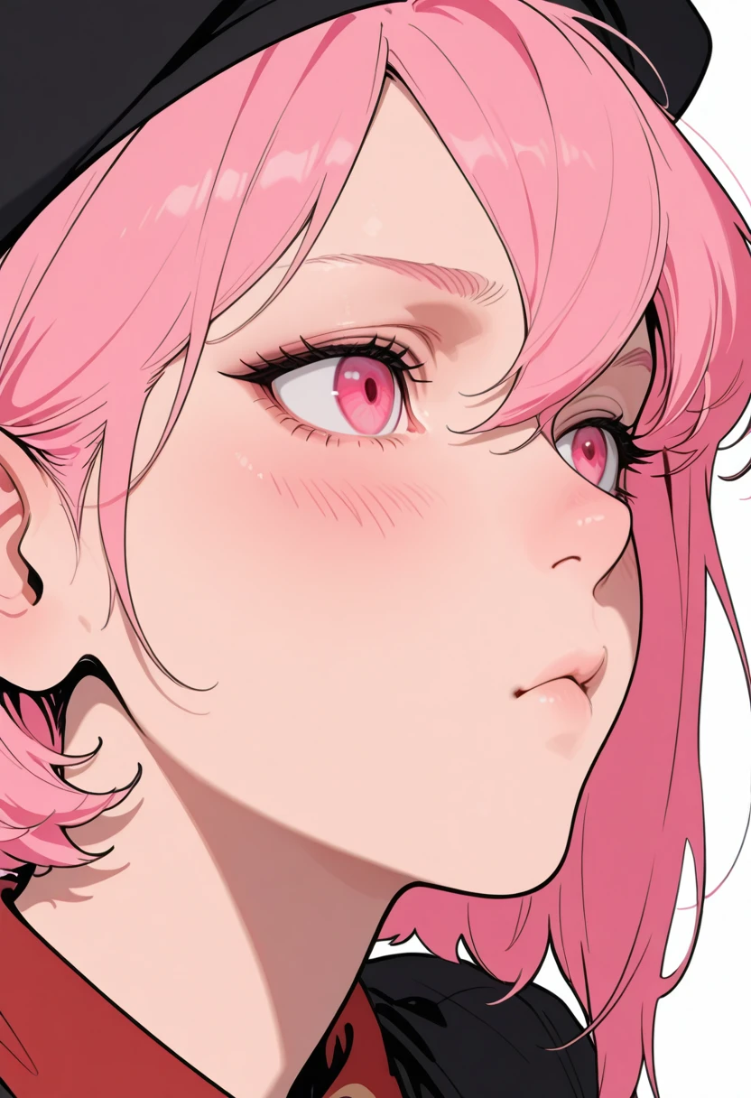 HDR, masterpiece, best quality, very aesthetic, (realistic:1.1), (flat color:1.5),
lenny, 1girl, solo, blush, short hair, hat, hair between eyes, pink hair, pink eyes, black headwear, portrait, close-up, pout