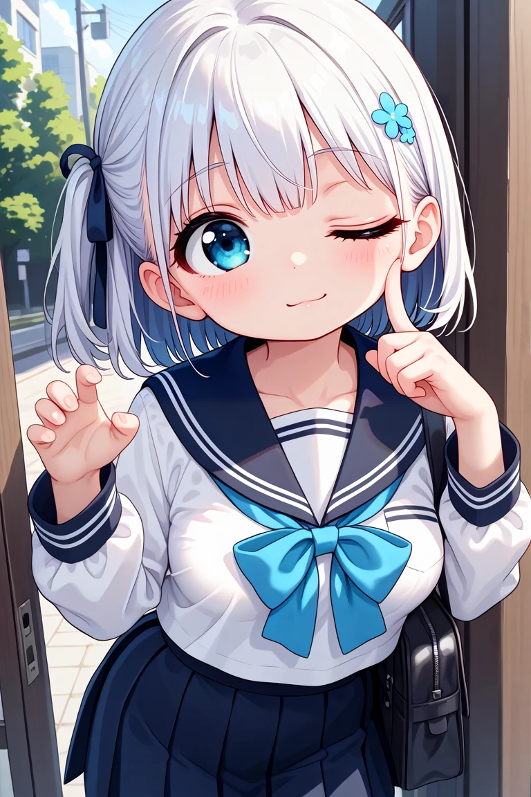 masterpiece, best quality, amazing quality, very aesthetic, absurdres,
cute round face, slender, detailed eyes, detailed hair, kawaii,
1girl, solo, medium breasts, school uniform, cowboy shot,
one eye closed
<lora:wink2_left_xl_v20:1>