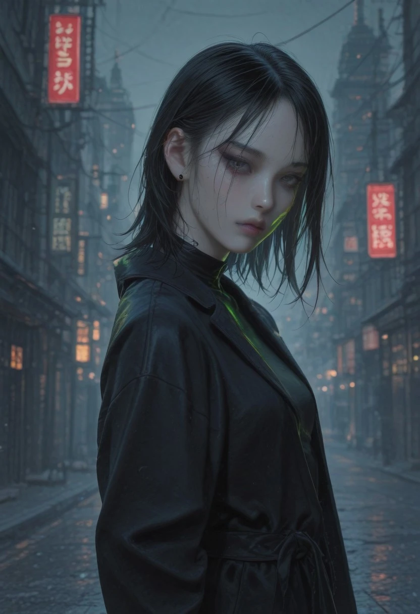 masterpiece, best quality, good quality, very aesthetic, absurdres, newest, 8K, realistic, 1girl, solo,tall,slender,pale skin,dark hair,medium hair,slender face,big eyes,small mouth,dark gray eyes,makeup,small breasts,black coat,,holding blade,green glowing blade,neon,lights, high buildings,great details,looking at viewer, head down,protrait,upper body