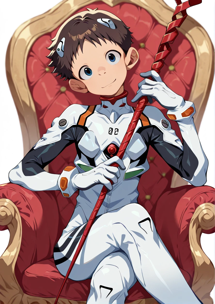 masterpiece,best quality,high quality,highly detailed,intricate,8k,absurdres,1boy,ikari shinji \(evangelion\),neon genesis evangelion,solo,male focus,blue eyes,dark brown hair,big round eyes,smile,white plugsuit,sitting on throne,crossed legs,(head tilt),holding weapon,lance of longinus,cowboy shot,depth of field,faux traditional media,<hypernet:ããããwaryusya-20000:1> <lora:ããããwaryusya_IL7_32:1.2>