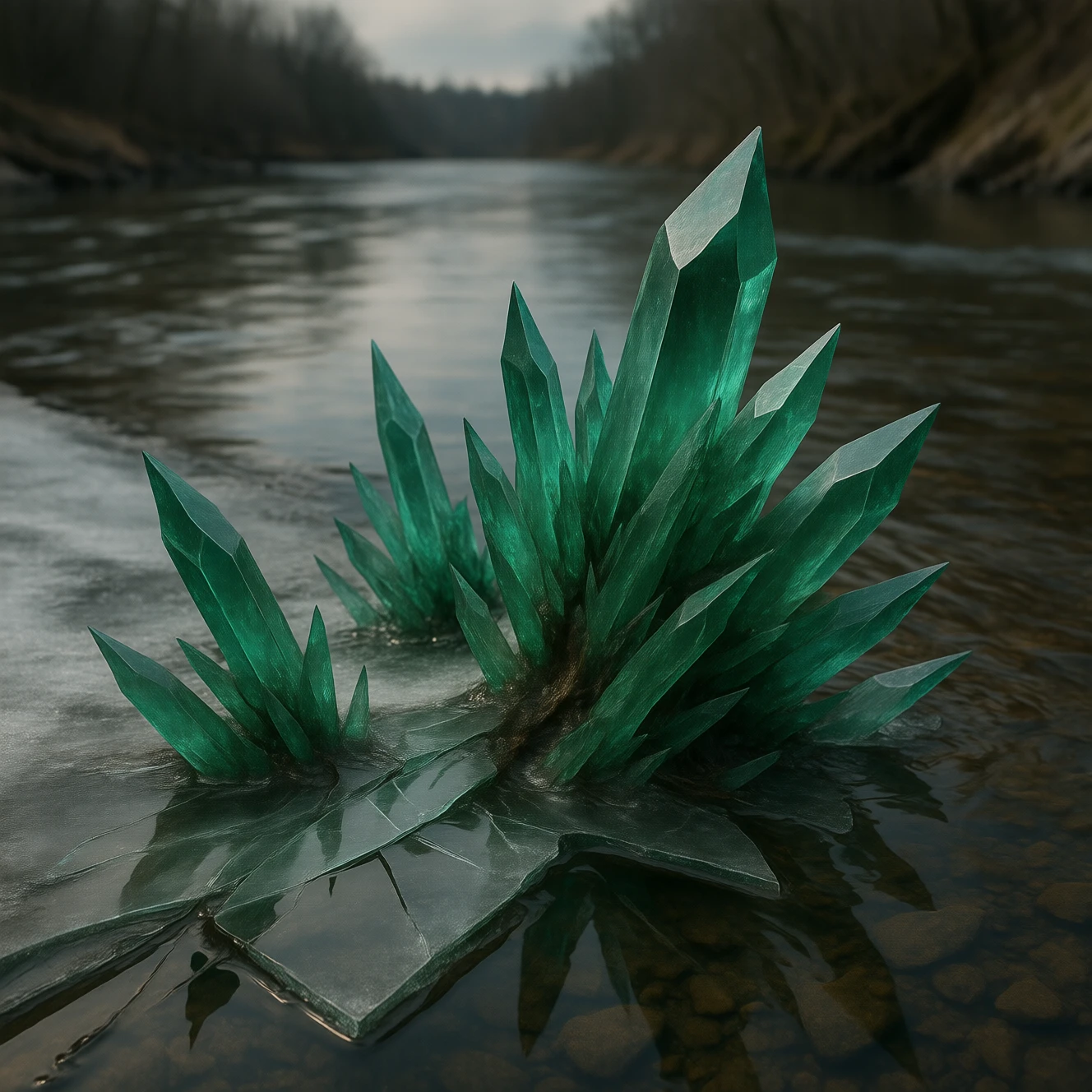 river frozen mid-flow into translucent COLOR CrystalPl4gu3, shards rising from surface, sky reflecting in fractured surfaces