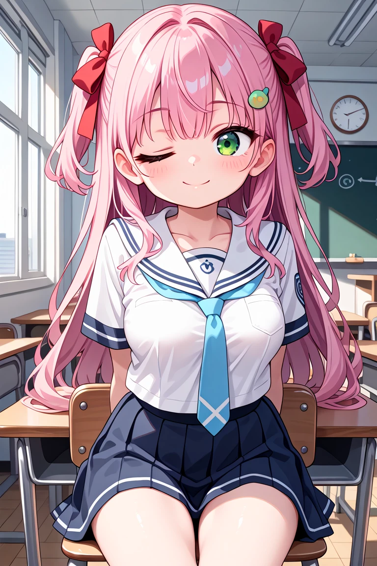 masterpiece, best quality, amazing quality, very aesthetic, absurdres,
cute round face, slender, ultra detailed eyes, ultra detailed hair, ultra beautiful,
1girl, solo, one eye closed, wink,
cowboy shot, from front, smile, closed mouth, looking at viewer,
red ribbon on hair, pink hair, green eyes, two side up, medium breasts,
sitting on chair behind table, in classroom, white sailor, blue tie on school uniform
<lora:wink2_right_xl_v20:1>