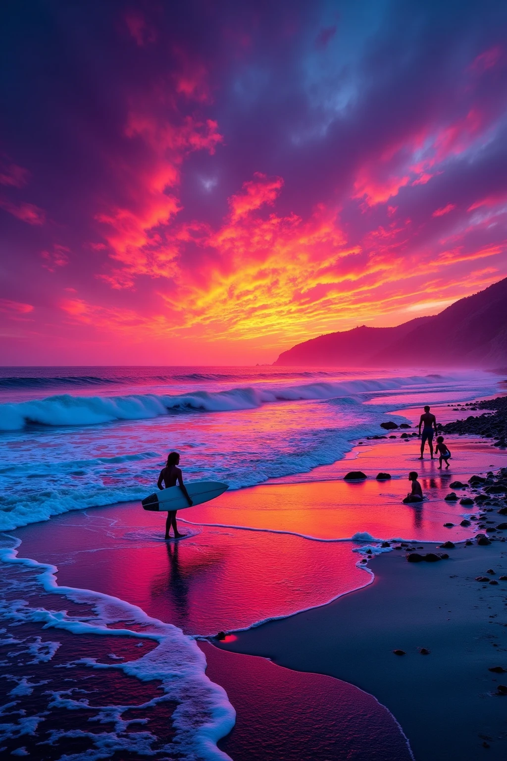 DT_style,Beach sunsets with vibrant colors, jellyfish drifting in calm tide, bioluminescence starting, a magical transition of light.