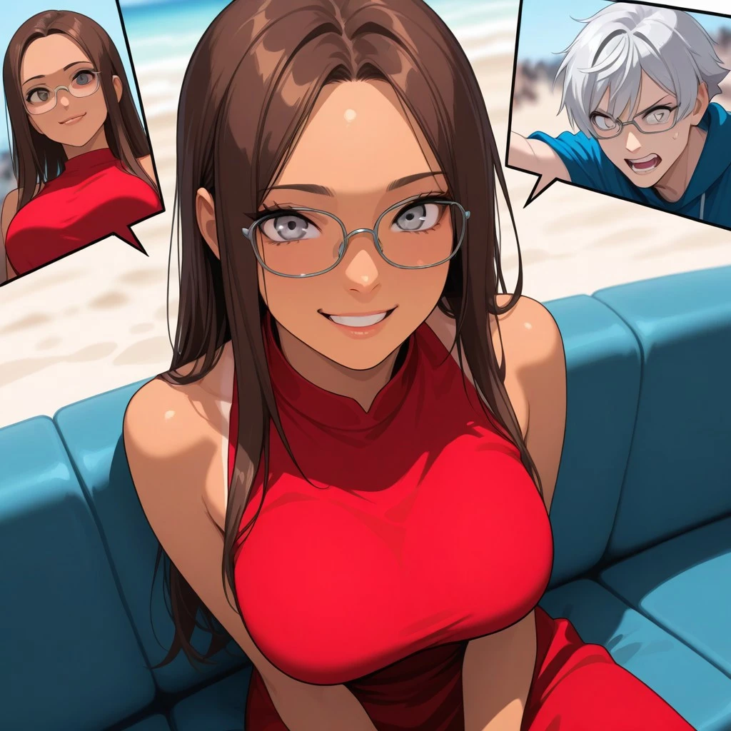 score_9, score_8_up, score_7_up, score_6_up
(STYLE: zPDXL3, SmoothNegative_Hands, conceptart,, pretty girl)
(QUALITY:high_quality, highres, detailed_eyes, beautiful, detailed, masterpiece, best quality, absurdres, 8k)
(CHARACTER: 1girl, long hair, parted bangs, forehead, brown hair, striking light silver eyes, glasses, tan skin. big , long straight brown hair, light silver eyes, nose, lips)
(PERSPECTIVE: close up, headshot, dynamic angle)
(EXPRESSION: confident, teeth smile, calm composed)
(SETTING: blurred background, random crowded outdoor place, beach)
(CLOTHING: sleeveless red dress,)
(POSE: sitting on couch)