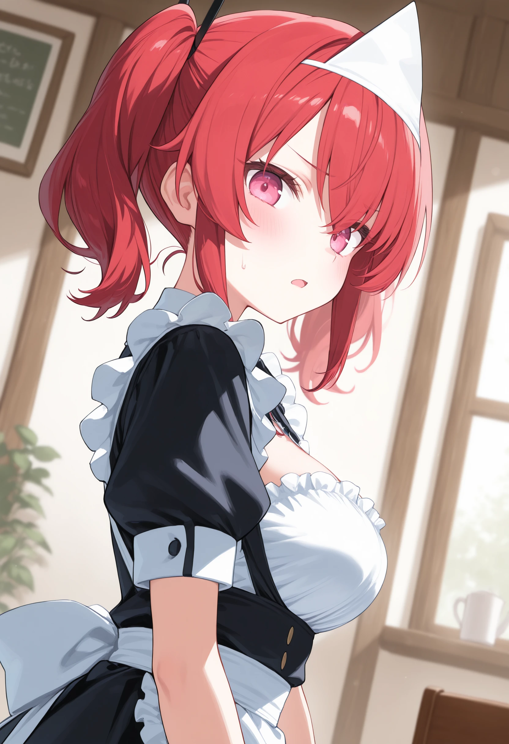 1girl,(sho \(sho lwlw\):0.7),(toosaka asagi:0.5),(sincos:0.3),solo,
masterpiece, best quality, newest, absurdres, CG, anime, source anime, illustration,
medium breasts,maid,
triangular headpiece,
<lora:triangularheadpiece_Illust_v1:0.8>
dutch angle, upper body, looking back, red hair, pink eyes,turn pale, cafe, open mouth, split ponytail hair,