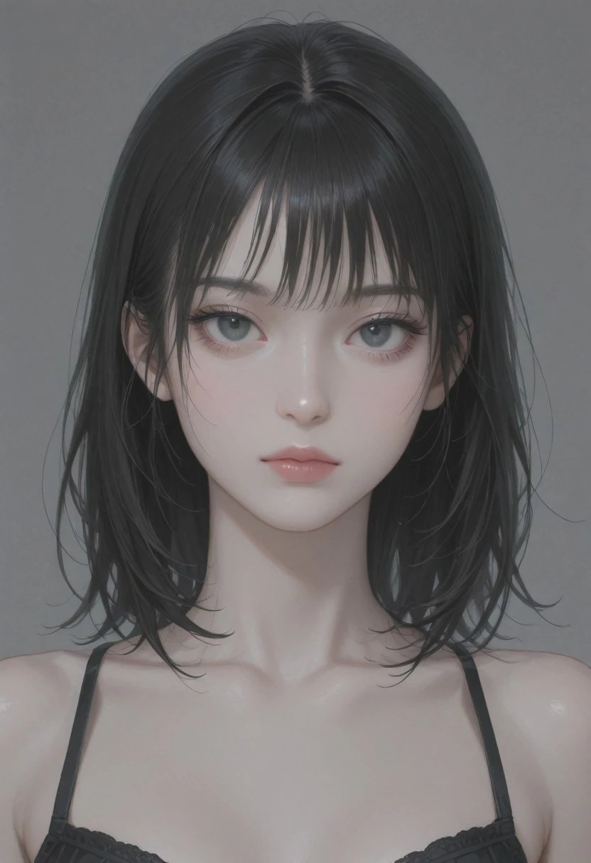 masterpiece, best quality, good quality, very aesthetic, absurdres, newest, 8K, realistic, 1girl, solo,tall,slender,pale skin,dark hair,medium hair,big eyes,small mouth,dark gray eyes,makeup,small breasts,portrait