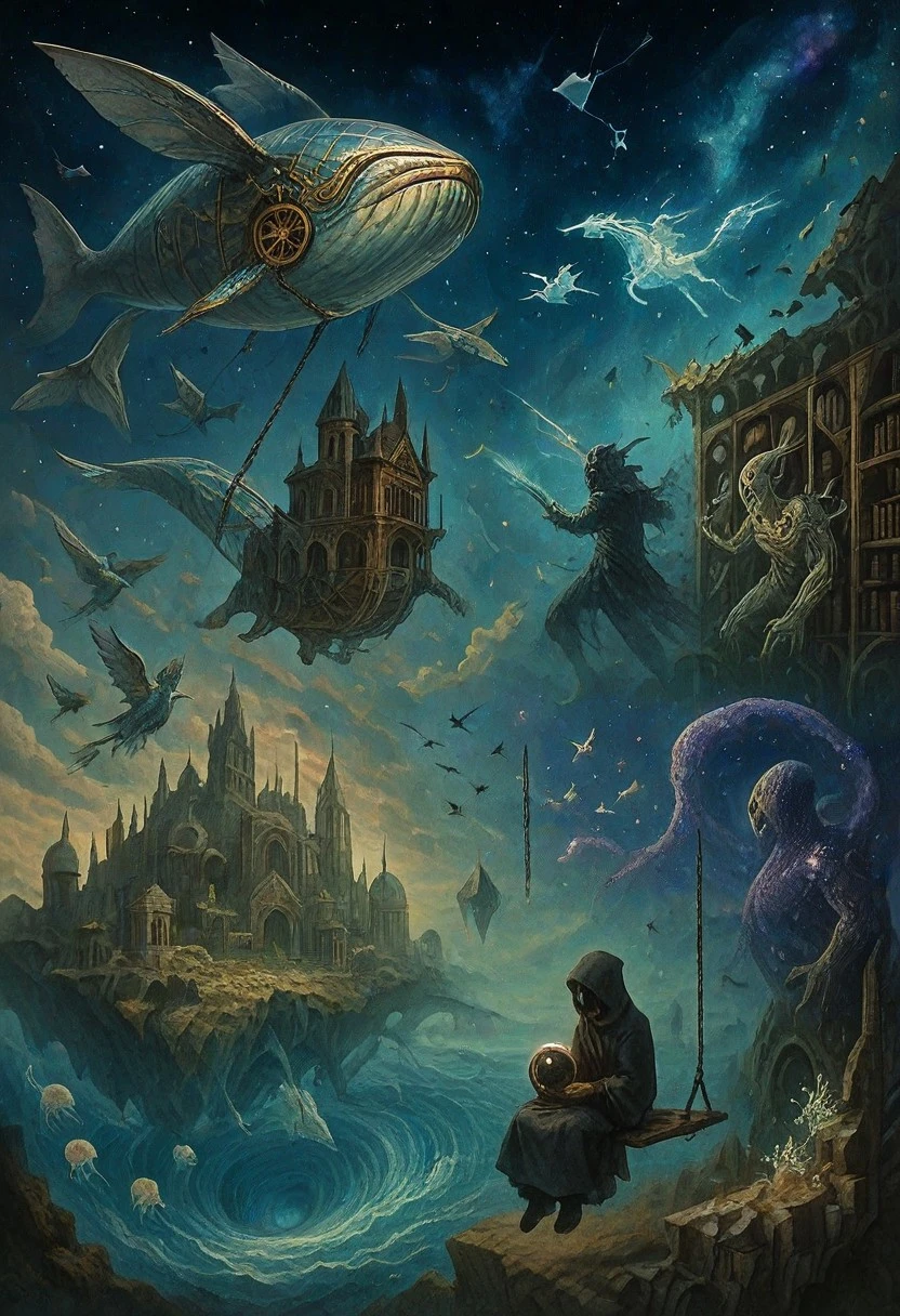 A massive ethereal leviathan, composed of swirling mist and ancient whispers, glides through a sky of shattered porcelain, dragging a forgotten library filled with books of living shadow. The heavens are a mosaic of impossible hues, with one segment burning with the silent fury of a supernova and the other a tranquil expanse of swirling galaxies and frozen echoes. Beneath, a sprawling necropolis carved into the spine of a sleeping mountain range slowly dissolves into a river of solidified grief where phantom ships sail on currents of despair and inverted cathedrals pierce the gloom. Colossal winged statues of forgotten heroes soar through the air, their gazes fixed on unseen horizons, while spectral chariots drawn by phantom steeds traverse the celestial pathways. A silent guardian forged from solidified starlight battles a monstrous entity born from the collective unconscious, its form a shifting tapestry of unspoken fears and forgotten desires. Islands of petrified thought crumble, releasing flocks of spectral ravens that transform into shimmering glyphs mid-flight. A lone wanderer cloaked in the silence of ages sits on a swing woven from strands of destiny, holding a sphere of condensed oblivion, as the very fabric of existence unravels around them like a discarded tapestry.