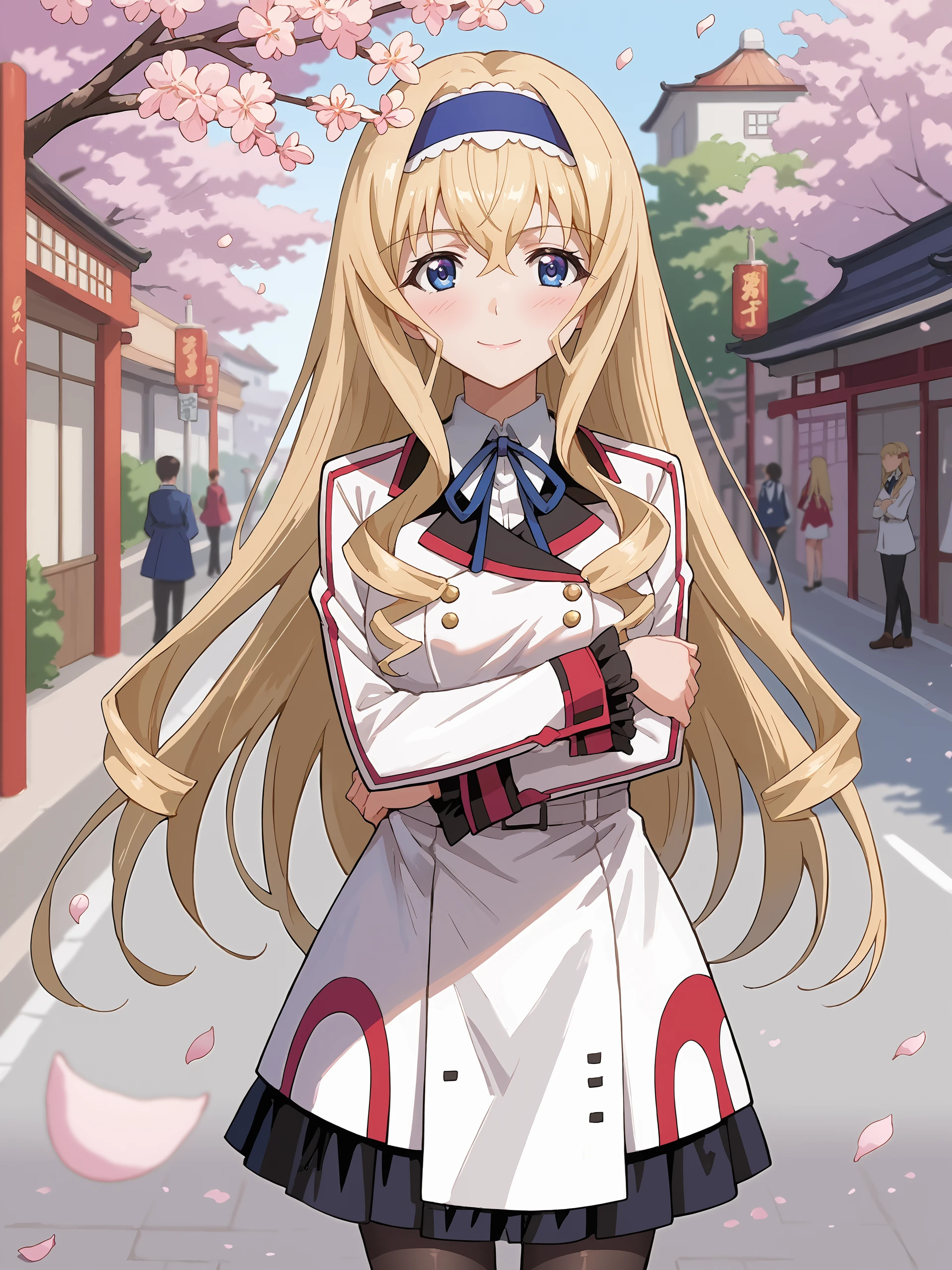 score_9, score_8_up, score_7_up, source_anime, ray tracing, best quality, anime screenshot, anime coloring, <lora:Char-IS-Cecilia-V1-Pony:0.9:hr=0.6>,  1girl, cecilia alcott, blue hairband, solo, blue neck ribbon, infinite stratos academy school uniform, black pantyhose, crossed arms, looking at viewer, light smile, standing, cowboy shot, outdoors, street, cherry blossoms, petals, depth of field