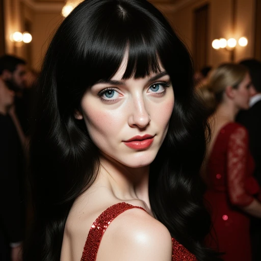 pale skin Black hair woman, clear focus, freckles, blue eyes, high resolution image, perfect face, sexy pose, wearing Red sequin cocktail dress, red suede stilettos, fiery red sequins, soft suede texture, intricate stitching, perfect eyes, detailed eyes, detailed iris, realistic skin absolute perfect tits, soft tits, low light, soft natural light, Rembrandt style light, Hasselblad DLSR camera, 200mm Zeiss lens, f/2.8 ,Sexy pose, erotic pose, exhibitionism, inside a crowded ballroom, (blue eyes),