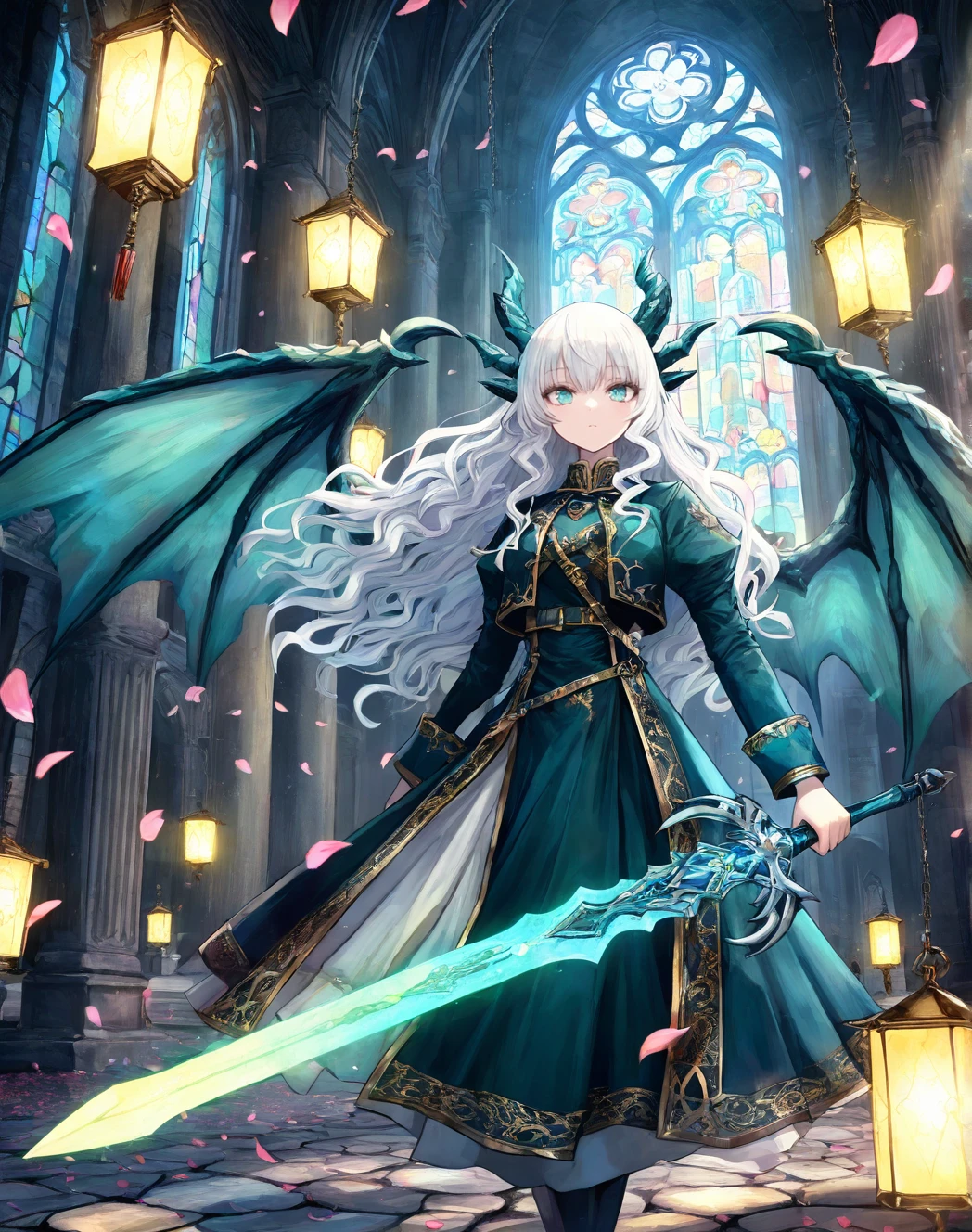 lazypos,masterpiece,best quality,<lora:KSWB:0.8>,kswb,digital oil painting,visible brushstrokes,cute dragon girl,long wavy pink-white hair,dragon horns and dragon wings,unique dark teal jacket with gold embroidery,ornate glowing sword,fluttering clothes,mossy cobblestone path,petals and leaves in wind,fantasy castle towers and stained glass,floating lanterns,soft sunlight rays,cinematic composition,highly detailed,face_focus,portrait,bust,looking_at_viewer,