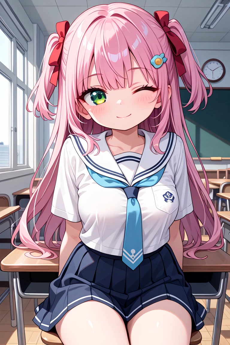 masterpiece, best quality, amazing quality, very aesthetic, absurdres,
cute round face, slender, ultra detailed eyes, ultra detailed hair, ultra beautiful,
1girl, solo, one eye closed, wink,
cowboy shot, from front, smile, closed mouth, looking at viewer,
red ribbon on hair, pink hair, green eyes, two side up, medium breasts,
sitting on chair behind table, in classroom, white sailor, blue tie on school uniform
<lora:wink1_left_xl_v20:1>
