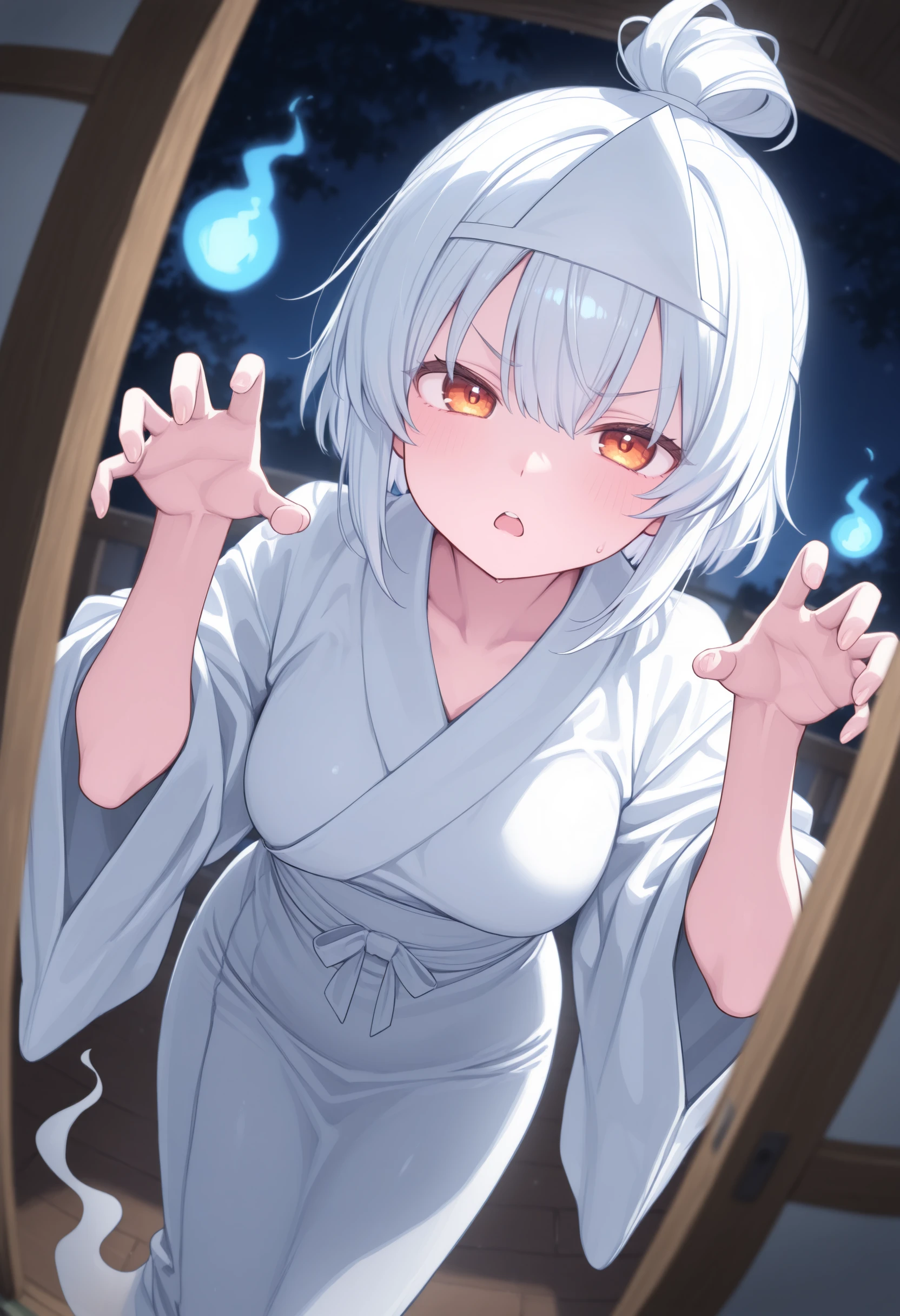 1girl,(sho \(sho lwlw\):0.7),(toosaka asagi:0.5),(sincos:0.3),solo,
masterpiece, best quality, newest, absurdres, CG, anime, source anime, illustration,
medium breasts,
triangular headpiece, shiroshouzoku, japanese clothes, ghost, ghost pose, ghost costume, hitodama, ghost tail, hands up,
blurry background, depth of field, blurry foreground, dark background, night,<lora:triangularheadpiece_Illust_v1:0.8>
dutch angle, fisheye lens, looking at viewer, white hair, orange eyes,sulking, refectory, open mouth, topknot hair,