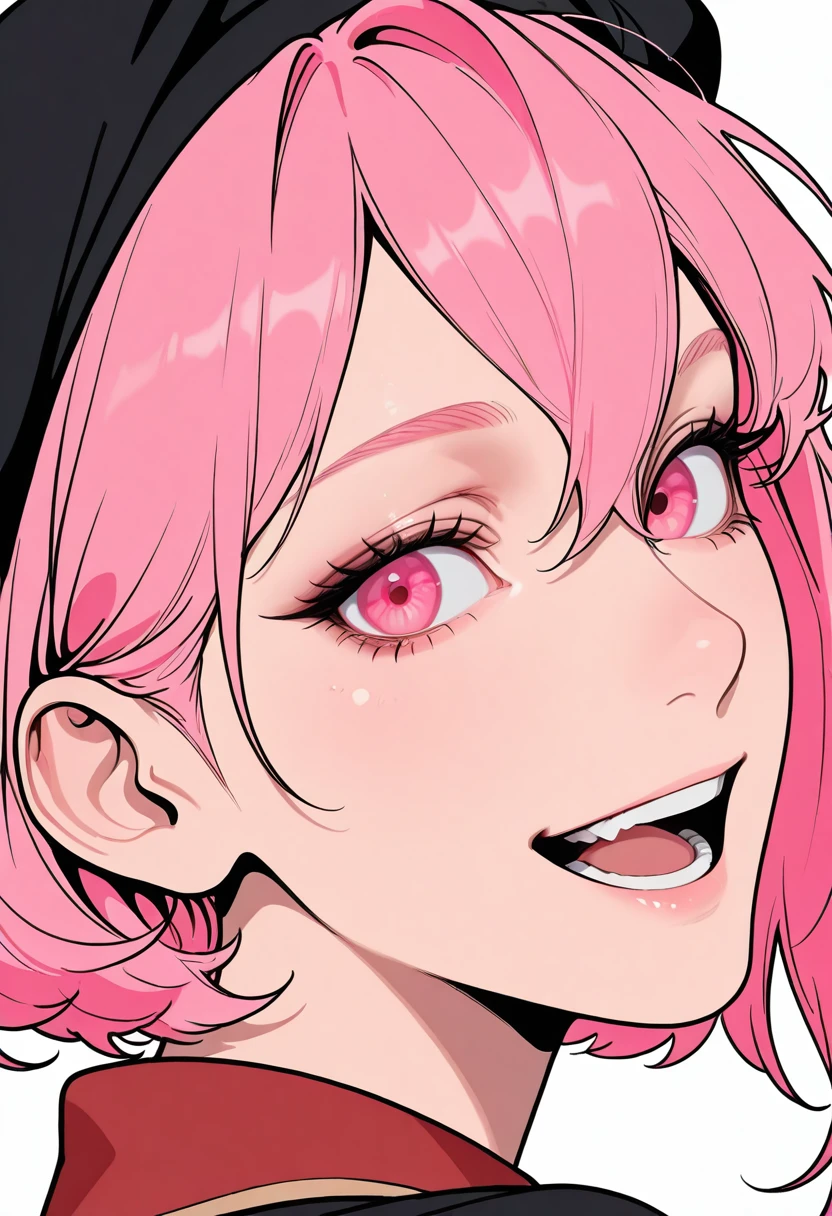 HDR, masterpiece, best quality, very aesthetic, (realistic:1.1), (flat color:1.5),
lenny, 1girl, solo, looking at viewer, smile, open mouth, short hair, hat, hair between eyes, pink hair, :d, teeth, looking back, pink eyes, eyelashes, black headwear, portrait, close-up