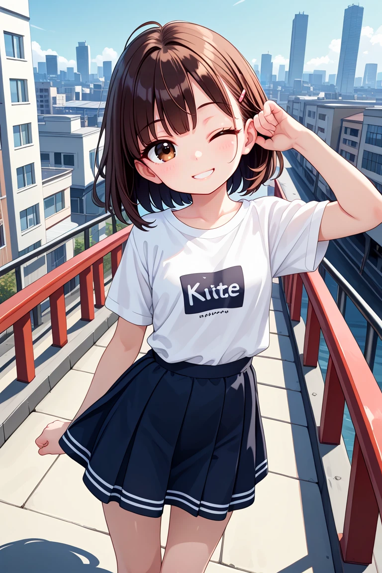masterpiece, best quality, amazing quality, very aesthetic, absurdres,
cute round face, slender, detailed eyes, detailed hair, kawaii,
1girl, solo, (mature:0.5),
dynamic angle, ,
best shadow, an extremely delicate and beautiful, gleaming skin, cowboy shot,
on bridge, cityscape, standing, model pose, smile,
street fasion, casual fashion, harajuku fashion, wearing skirt,
(brown hair, brown eyes:1.2),
one eye closed, wink
<lora:wink1_left_xl_v20:1>