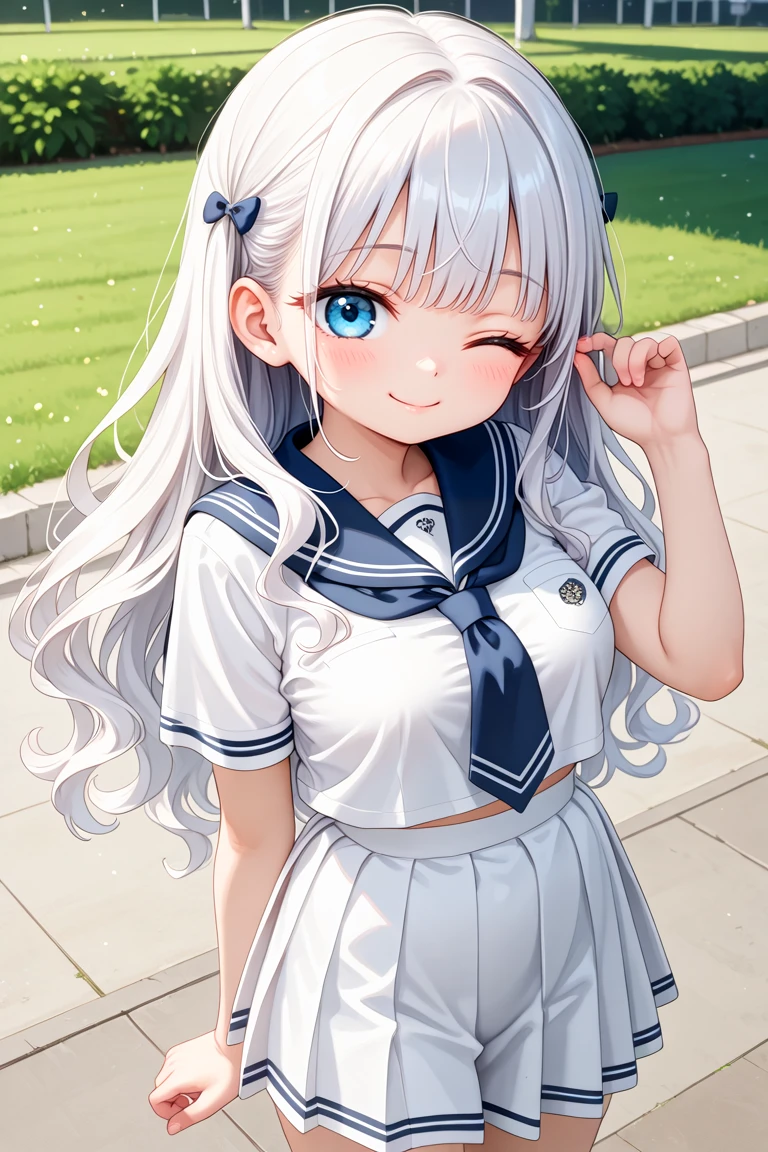 masterpiece, best quality, amazing quality, very aesthetic, absurdres,
cute round face, slender, detailed eyes, detailed hair, kawaii,
1girl, solo,
cowboy shot, shooting from front,
smile, closed mouth, looking at viewer,
long wavy hair, white hair,
white school uniform, medium breasts,
school ground, school, grass,
one eye closed, wink,
<lora:wink1_left_xl_v20:1>